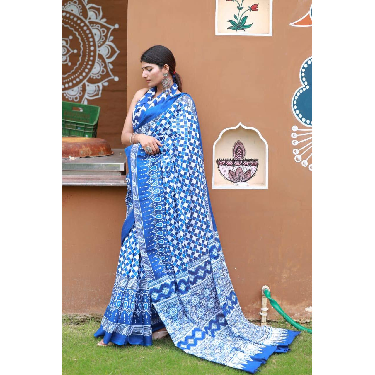 Kiaaron Womens Hand Block Kalamkari Batik Bagru Jaipuri Ikat Printed Handloom Pure Cotton Mulmul Traditional Ethnic Cotton Sarees With Printed Blouse Piece - Blue