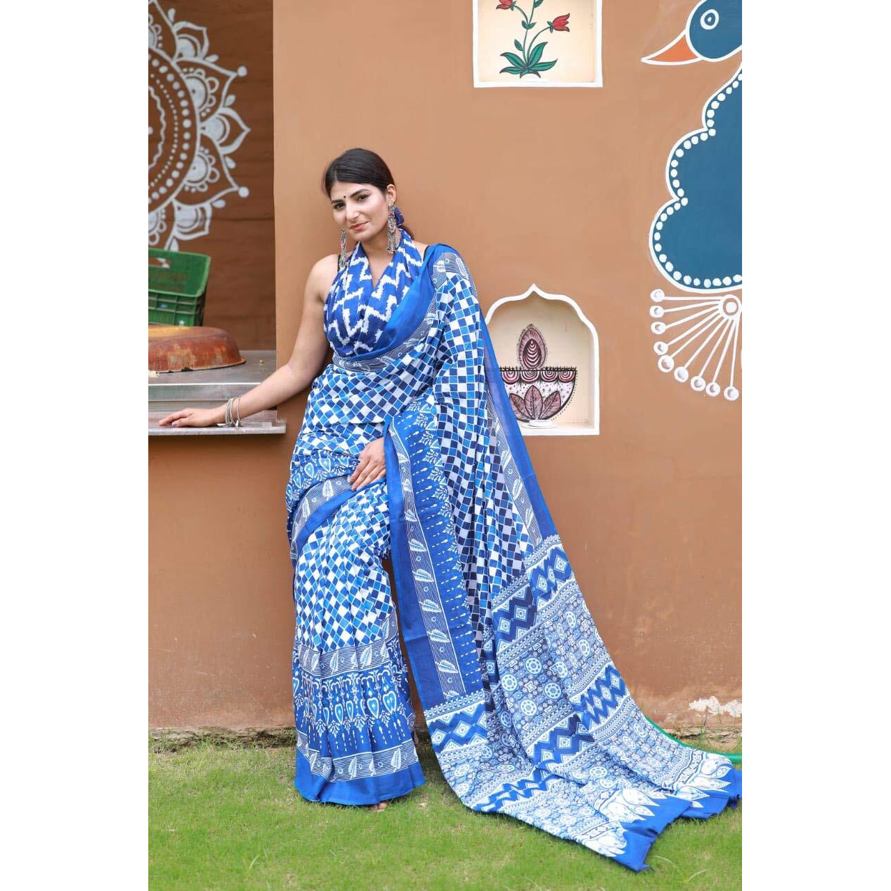 Kiaaron Womens Hand Block Kalamkari Batik Bagru Jaipuri Ikat Printed Handloom Pure Cotton Mulmul Traditional Ethnic Cotton Sarees With Printed Blouse Piece - Blue