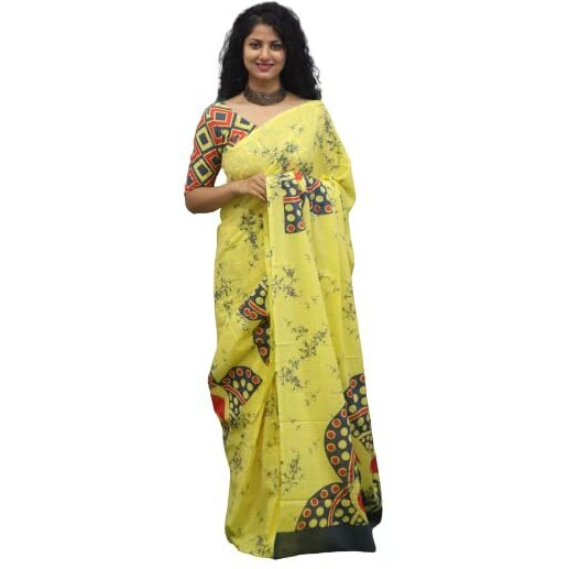 Kiaaron Womens Ikat Hand Block Print Jaipuri Cotton Mulmul Saree with Blouse Piece - Yellow_242