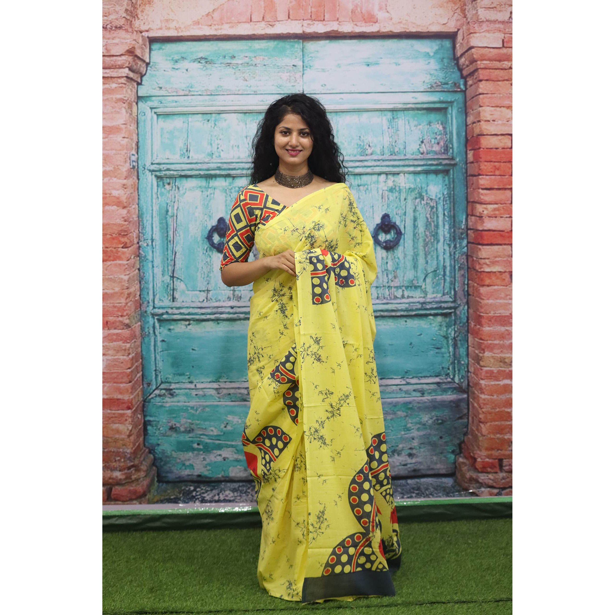 Kiaaron Womens Ikat Hand Block Print Jaipuri Cotton Mulmul Saree with Blouse Piece - Yellow_242