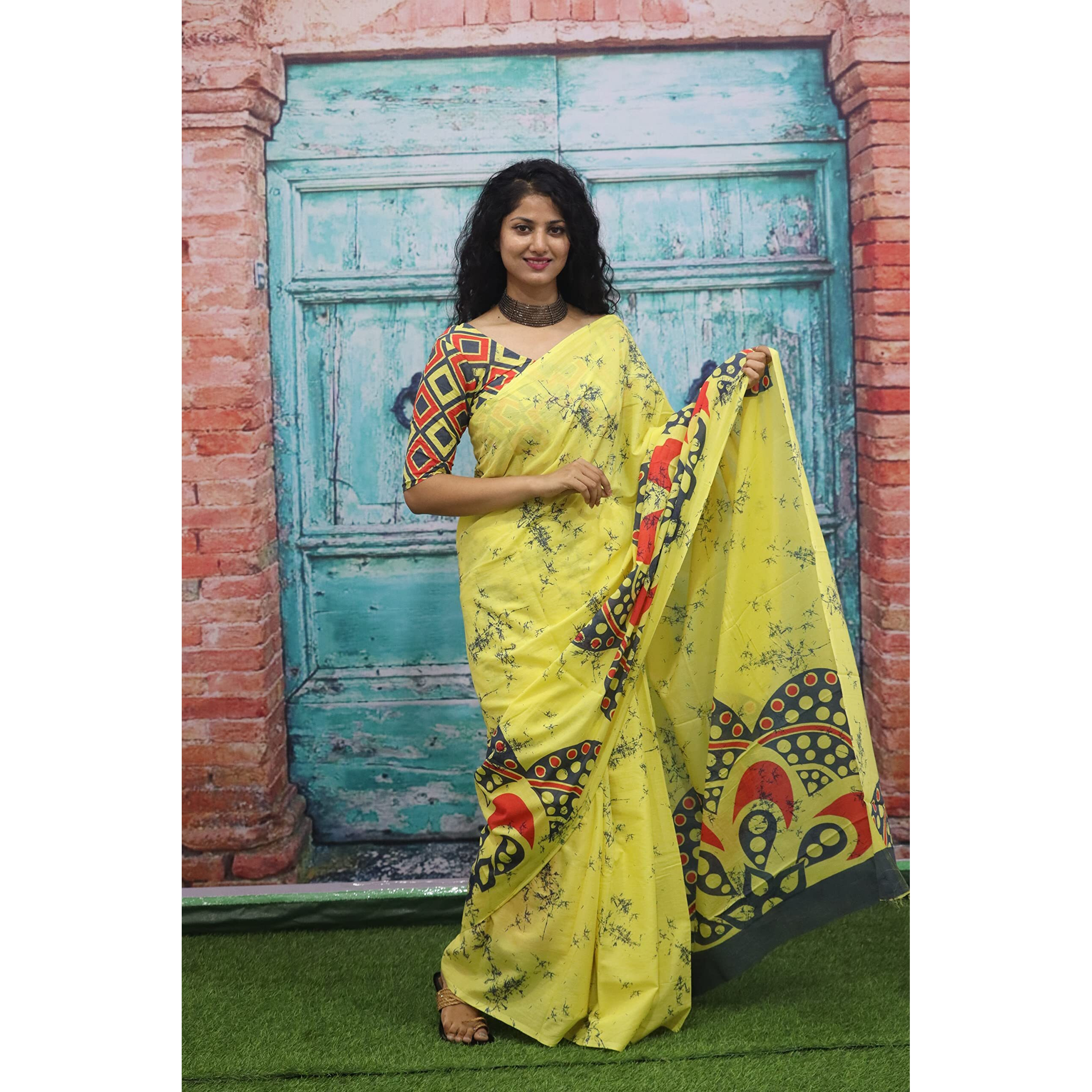 Kiaaron Womens Ikat Hand Block Print Jaipuri Cotton Mulmul Saree with Blouse Piece - Yellow_242
