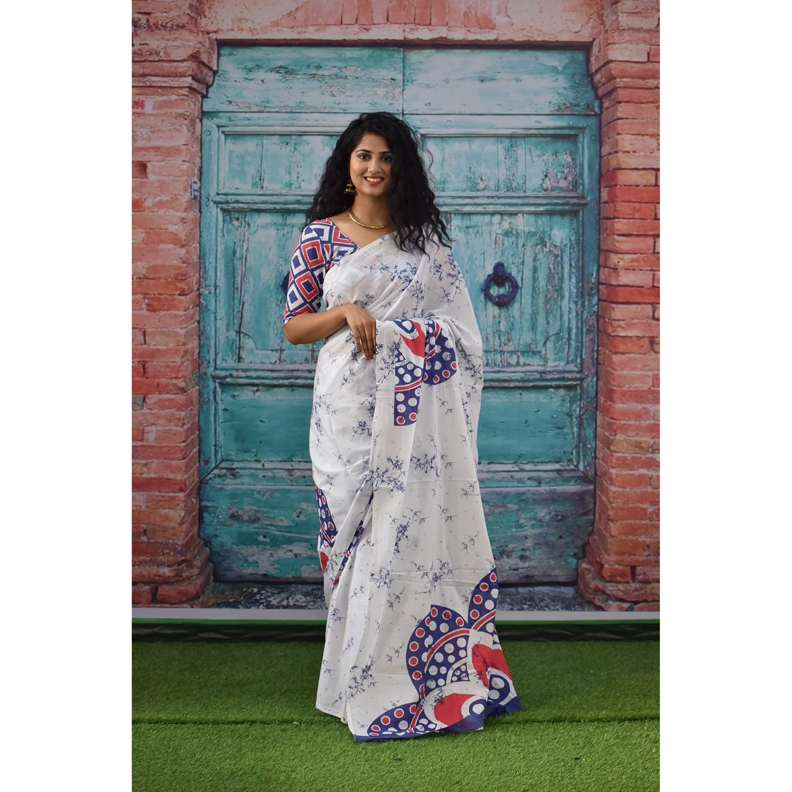 Kiaaron Womens Ikat Hand Block Print Jaipuri Cotton Mulmul Saree with Blouse Piece - White_246