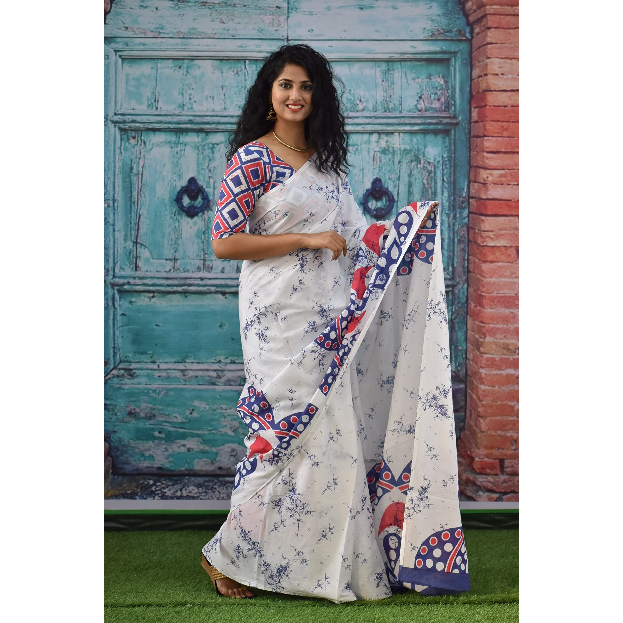 Kiaaron Womens Ikat Hand Block Print Jaipuri Cotton Mulmul Saree with Blouse Piece - White_246