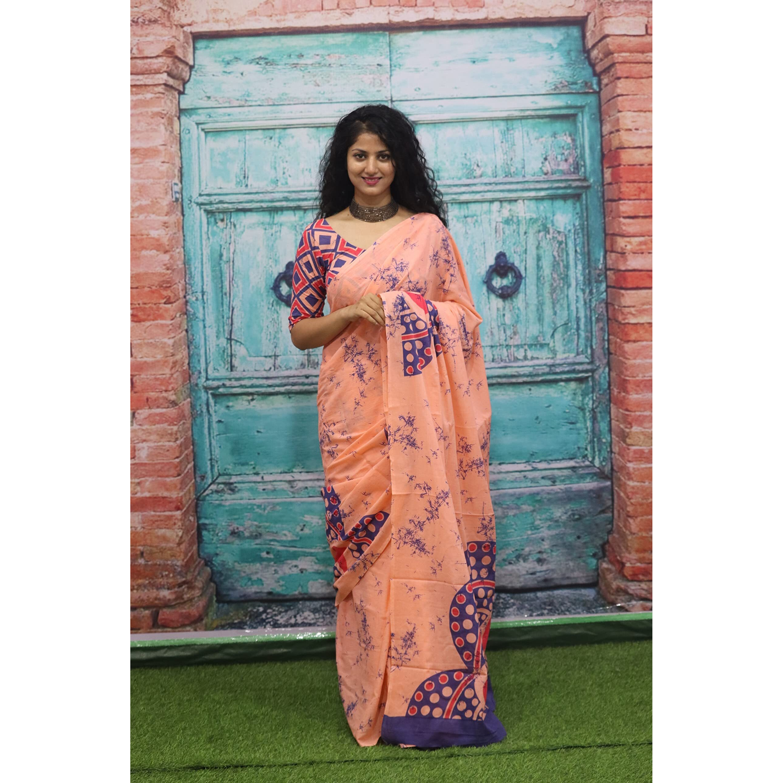 Kiaaron Womens Ikat Hand Block Print Jaipuri Cotton Mulmul Saree with Blouse Piece - Multi_243