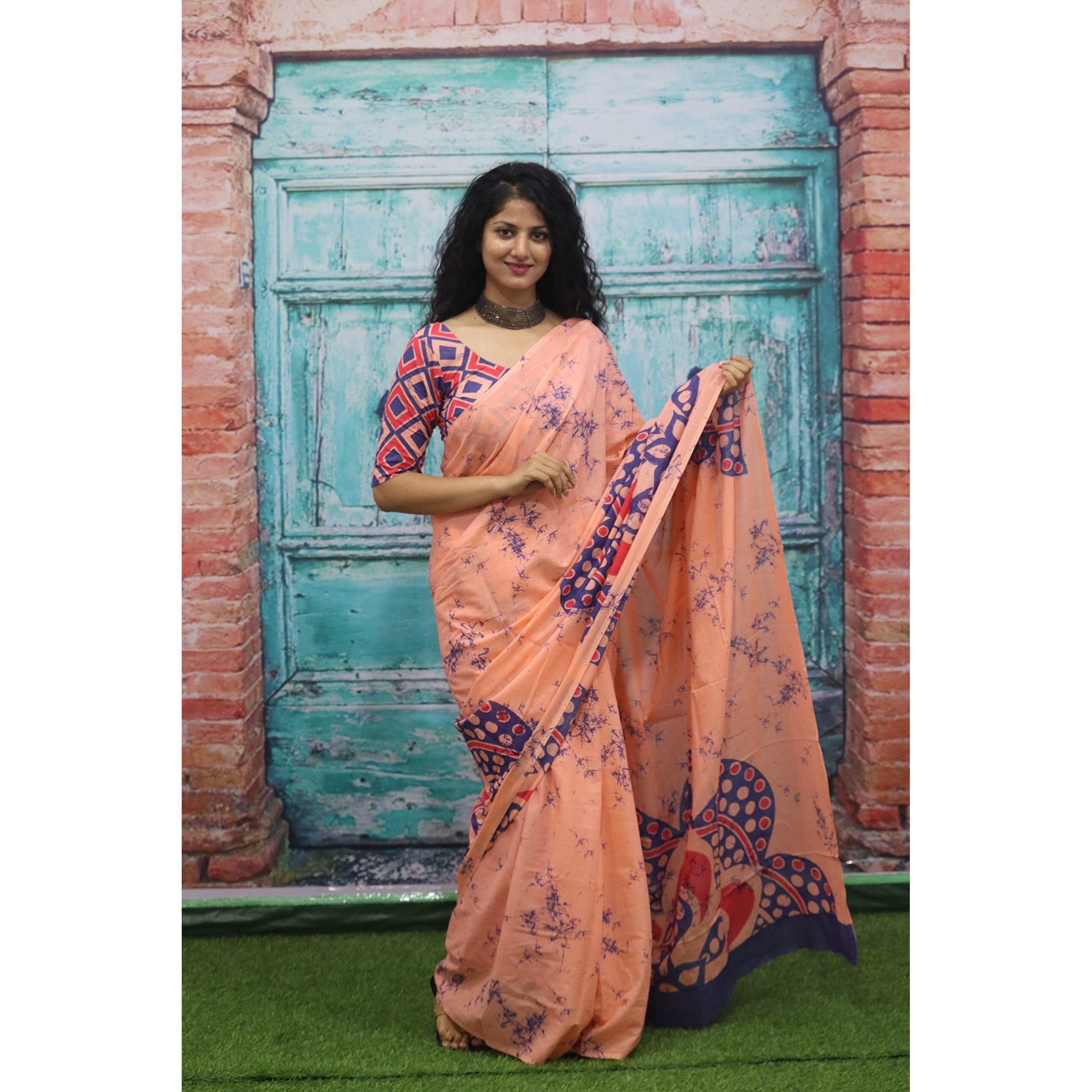 Kiaaron Womens Ikat Hand Block Print Jaipuri Cotton Mulmul Saree with Blouse Piece - Multi_243