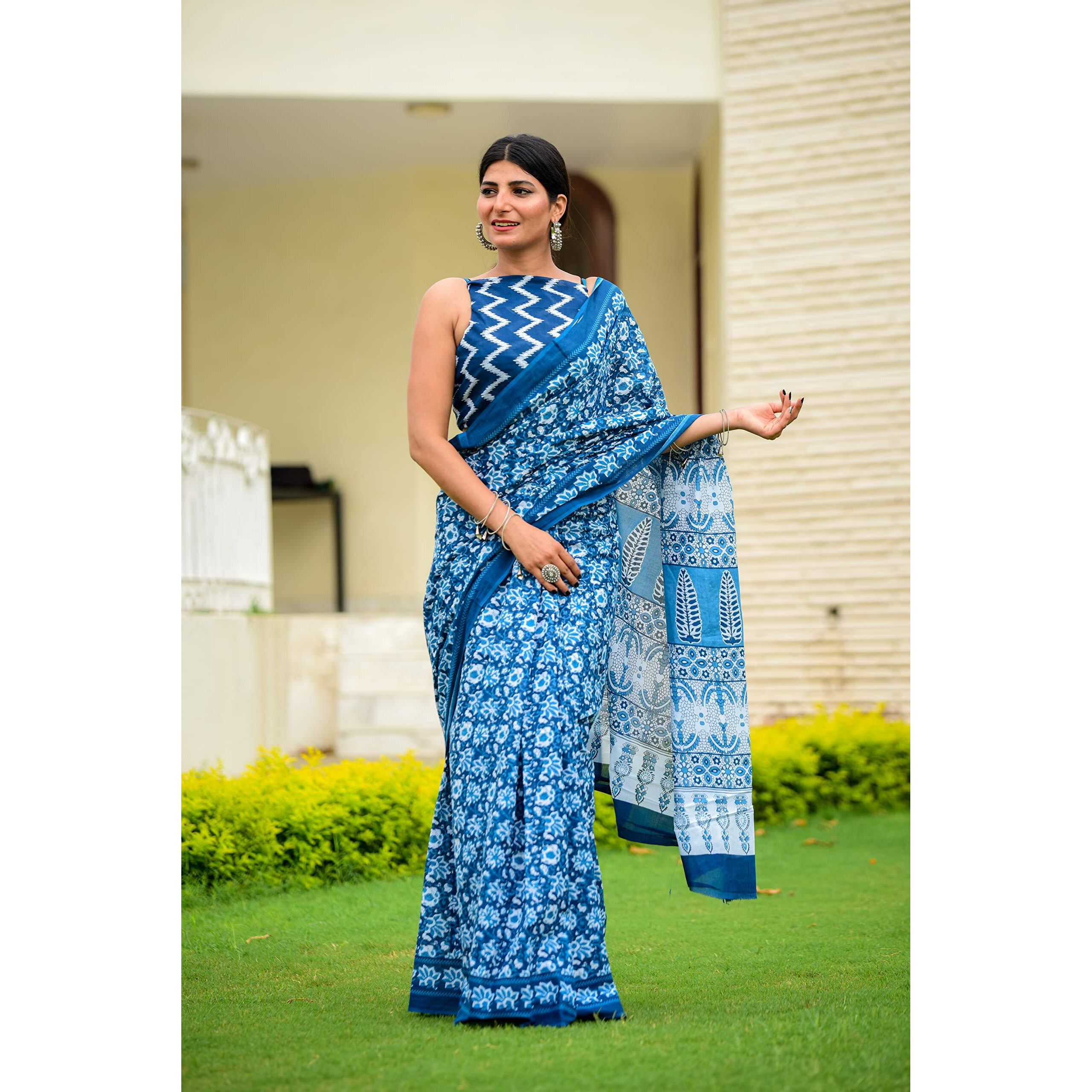 Kiaaron Womens Hand Block Kalamkari Batik Bagru Jaipuri Ikat Printed Handloom Pure Cotton Mulmul Traditional Ethnic Cotton Sarees With Printed Blouse Piece - Blue