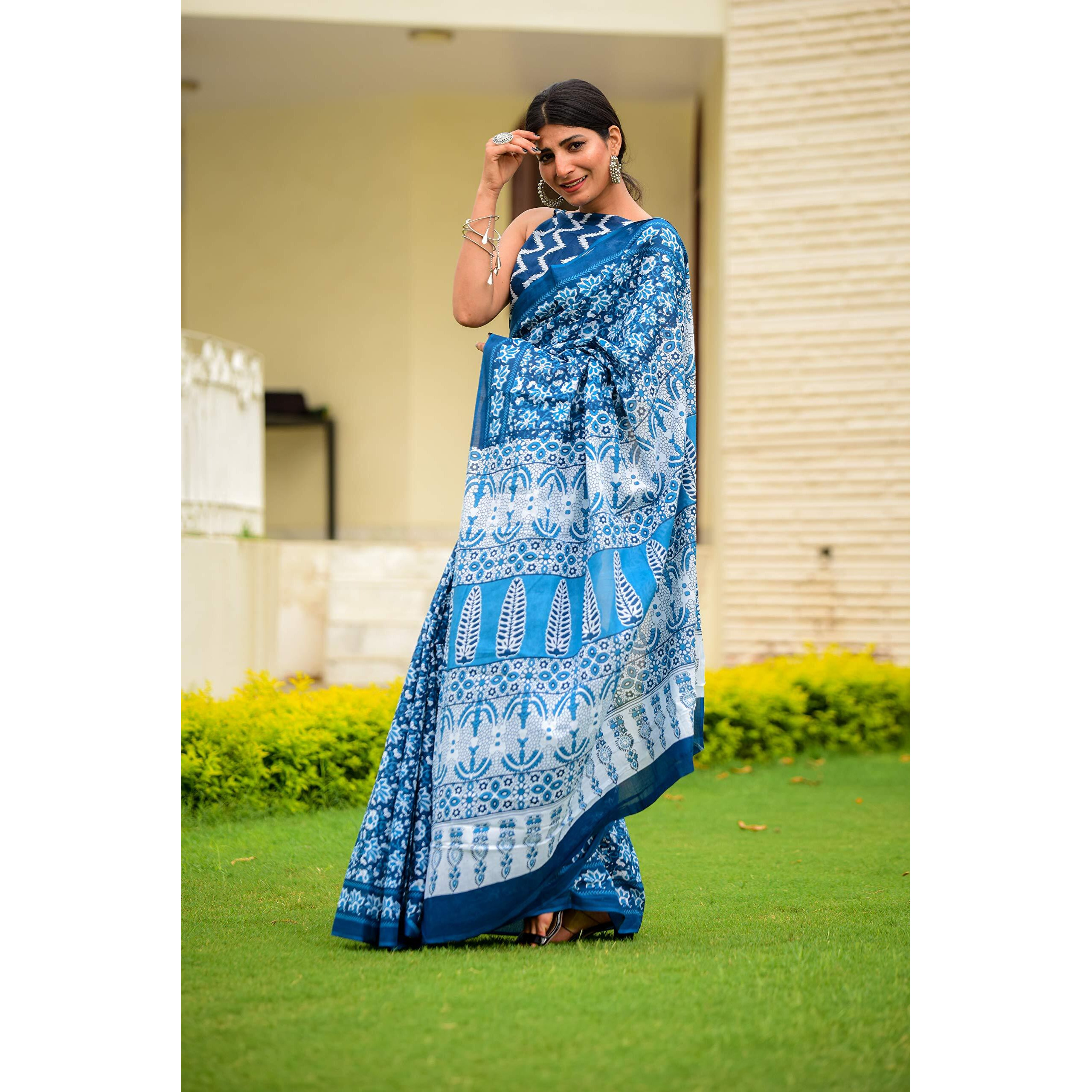 Kiaaron Womens Hand Block Kalamkari Batik Bagru Jaipuri Ikat Printed Handloom Pure Cotton Mulmul Traditional Ethnic Cotton Sarees With Printed Blouse Piece - Blue