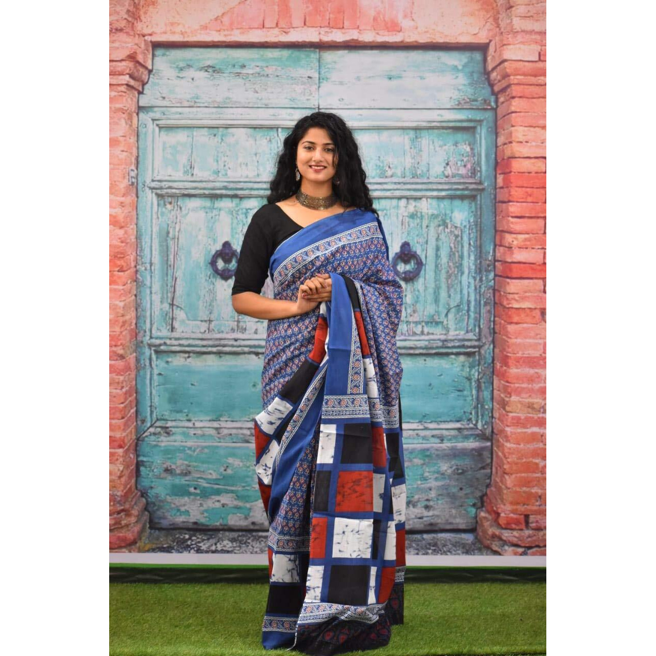 Kiaaron Ikat Hand Block Print Cotton Mulmul Saree with Blouse Piece for Women - Multi