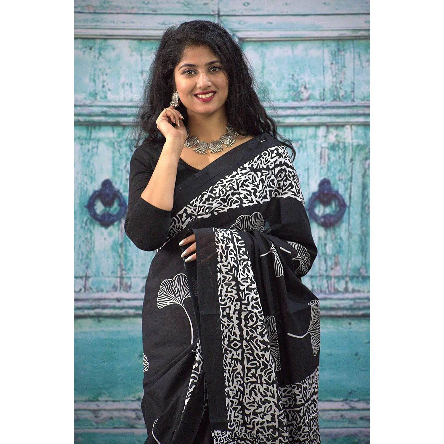 Kiaaron Womens Hand Block Kalamkari Batik Bagru Jaipuri Ikat Printed Handloom Pure Cotton Mulmul Traditional Ethnic Cotton Sarees With Printed Blouse Piece - Black