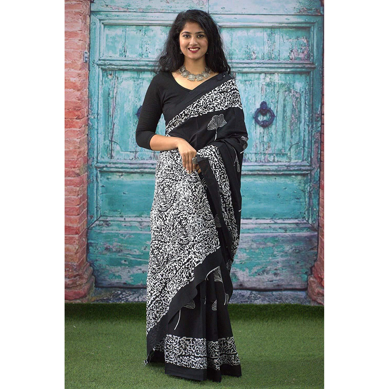 Kiaaron Womens Hand Block Kalamkari Batik Bagru Jaipuri Ikat Printed Handloom Pure Cotton Mulmul Traditional Ethnic Cotton Sarees With Printed Blouse Piece - Black