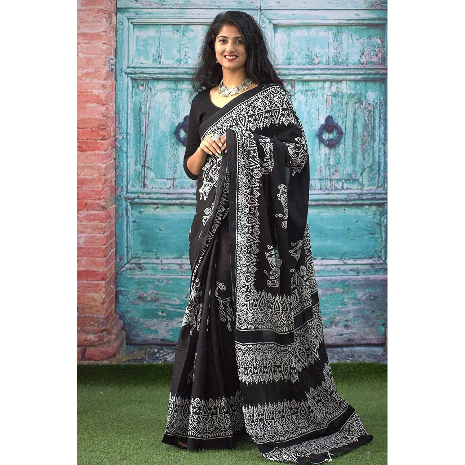 Kiaaron Womens Hand Block Kalamkari Batik Bagru Jaipuri Ikat Printed Handloom Pure Cotton Mulmul Traditional Ethnic Cotton Sarees With Printed Blouse Piece - Black