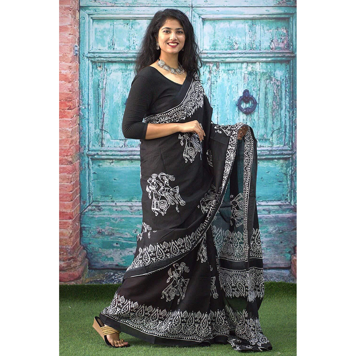 Kiaaron Womens Hand Block Kalamkari Batik Bagru Jaipuri Ikat Printed Handloom Pure Cotton Mulmul Traditional Ethnic Cotton Sarees With Printed Blouse Piece - Black