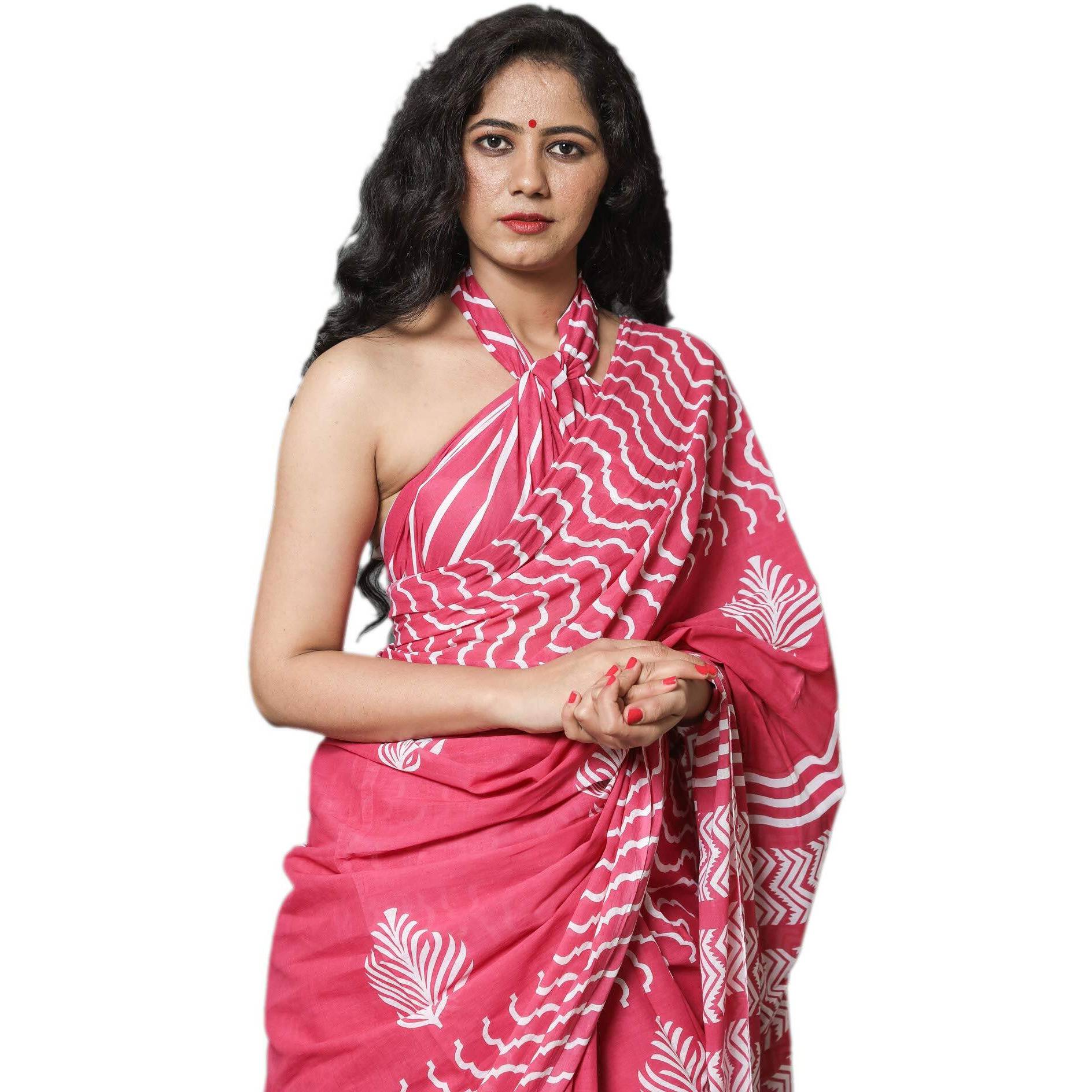 Kiaaron Womens Hand Block Kalamkari Batik Bagru Jaipuri Ikat Printed Handloom Pure Cotton Mulmul Traditional Ethnic Cotton Sarees With Printed Blouse Piece - Pink