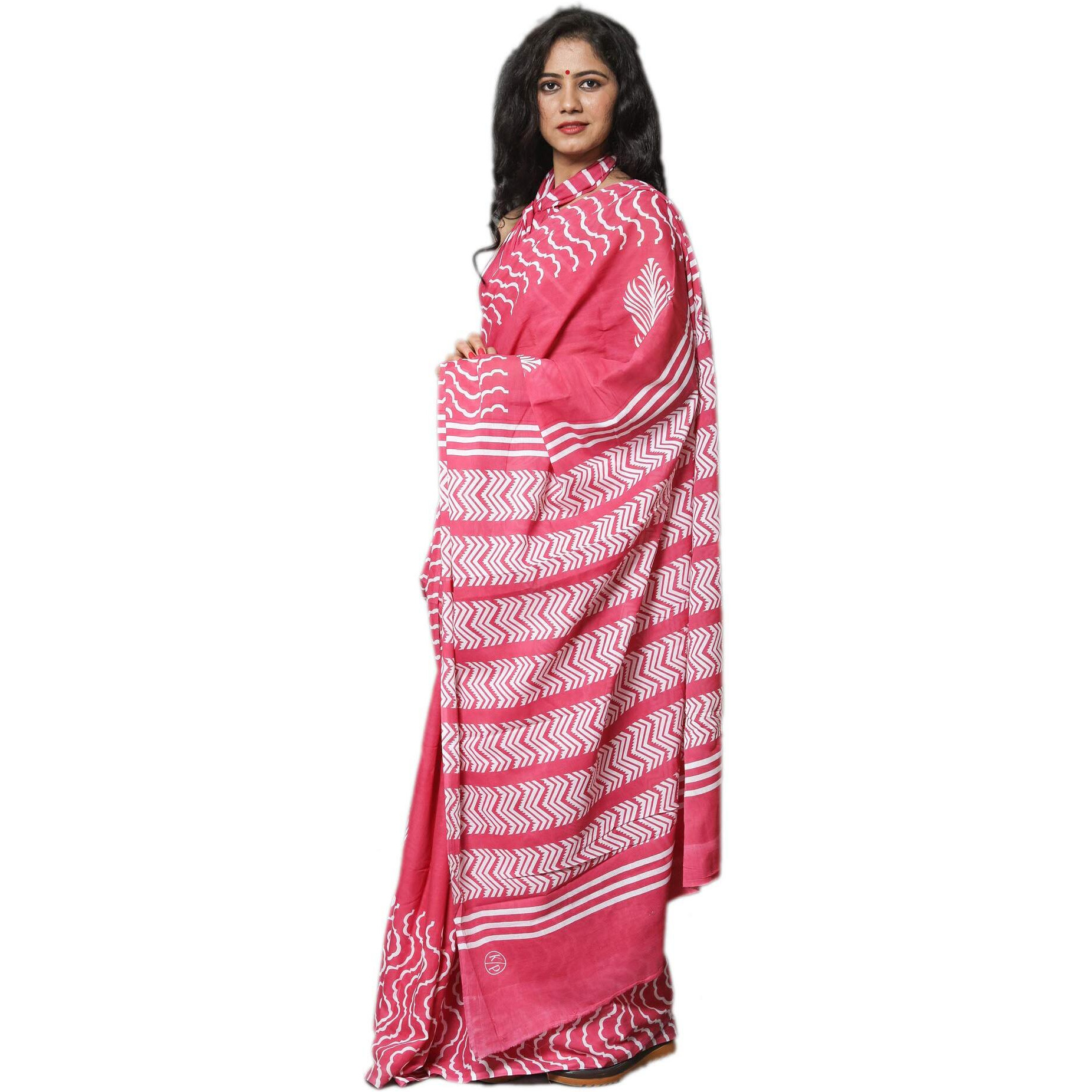 Kiaaron Womens Hand Block Kalamkari Batik Bagru Jaipuri Ikat Printed Handloom Pure Cotton Mulmul Traditional Ethnic Cotton Sarees With Printed Blouse Piece - Pink