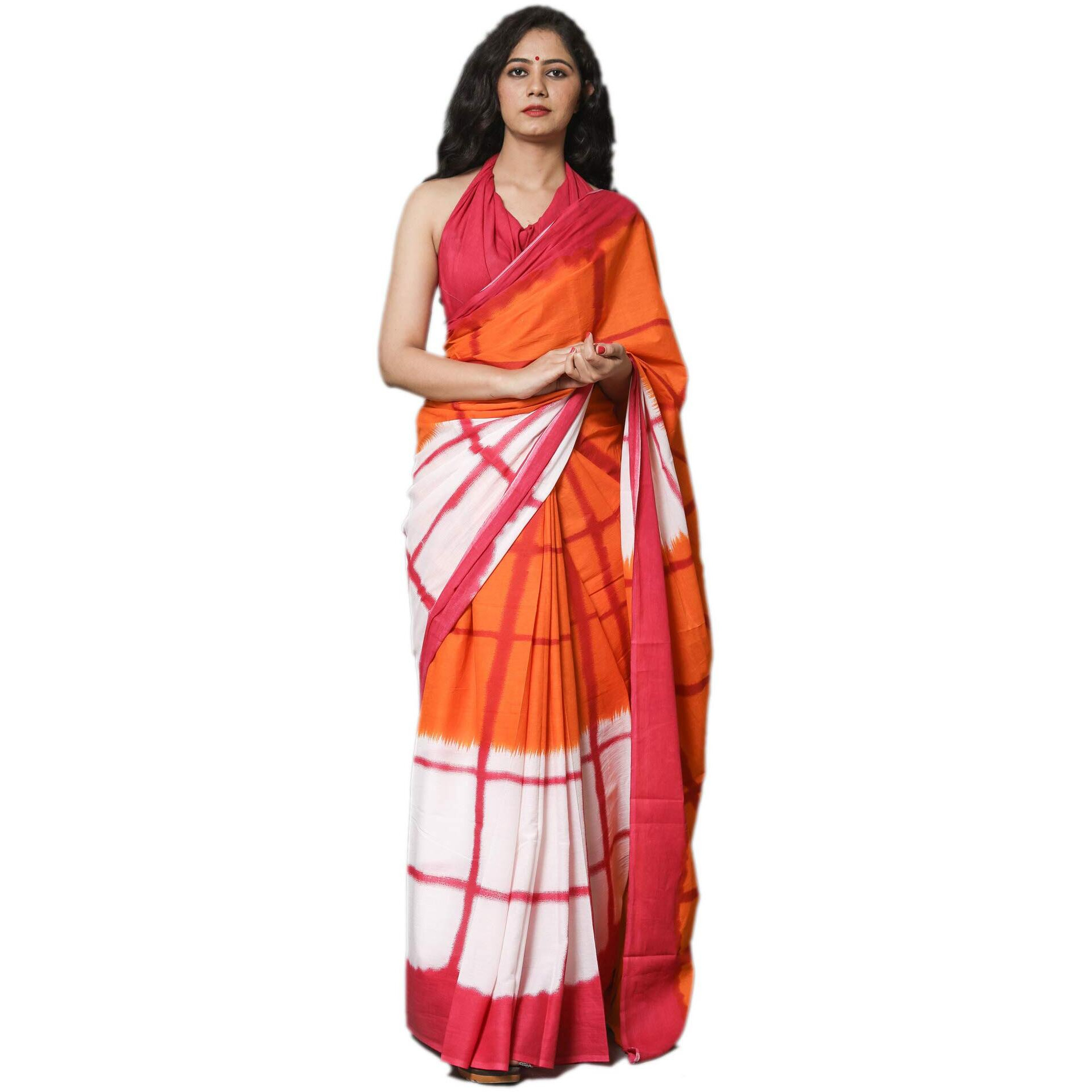 Kiaaron Womens Hand Block Kalamkari Batik Bagru Jaipuri Ikat Printed Handloom Pure Cotton Mulmul Traditional Ethnic Cotton Sarees With Printed Blouse Piece - Orange_White