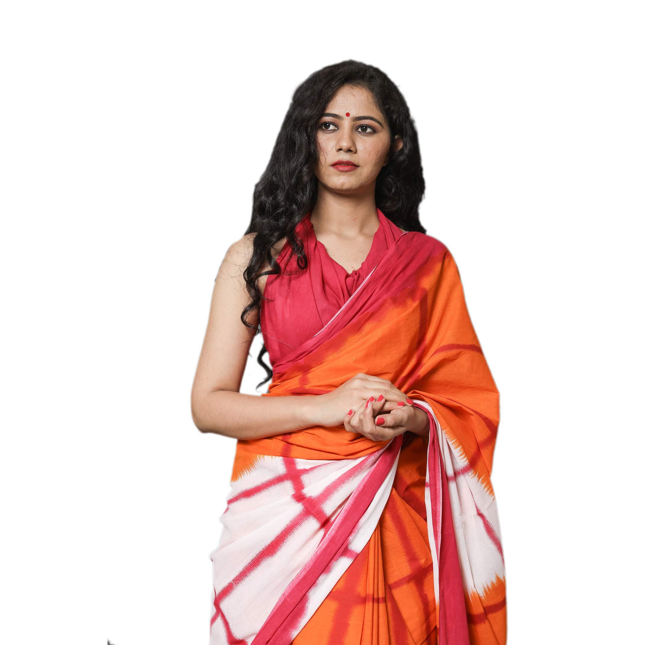 Kiaaron Womens Hand Block Kalamkari Batik Bagru Jaipuri Ikat Printed Handloom Pure Cotton Mulmul Traditional Ethnic Cotton Sarees With Printed Blouse Piece - Orange_White