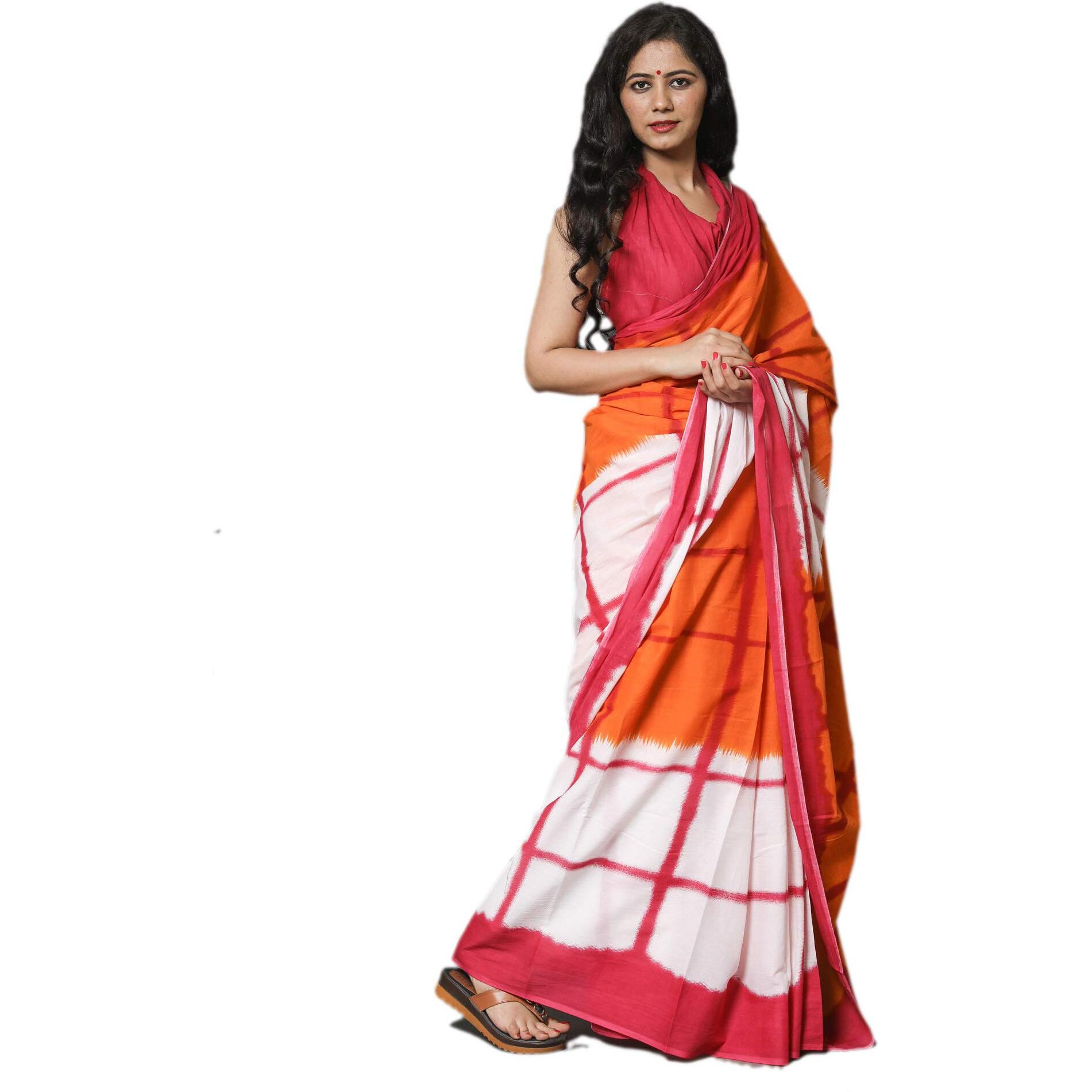 Kiaaron Womens Hand Block Kalamkari Batik Bagru Jaipuri Ikat Printed Handloom Pure Cotton Mulmul Traditional Ethnic Cotton Sarees With Printed Blouse Piece - Orange_White