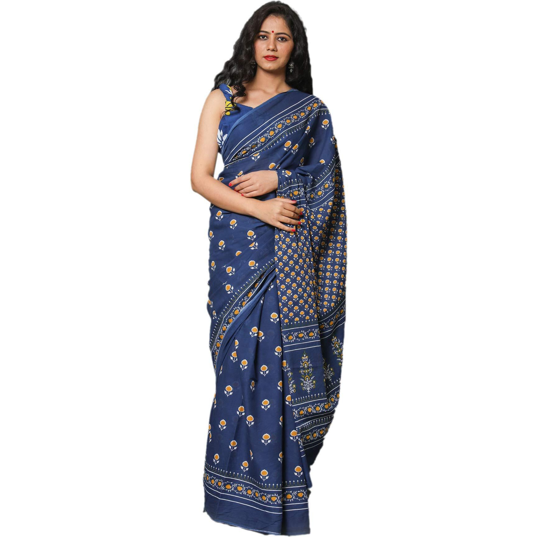 Kiaaron Womens Hand Block Kalamkari Batik Bagru Jaipuri Ikat Printed Handloom Pure Cotton Mulmul Traditional Ethnic Cotton Sarees With Printed Blouse Piece - Blue