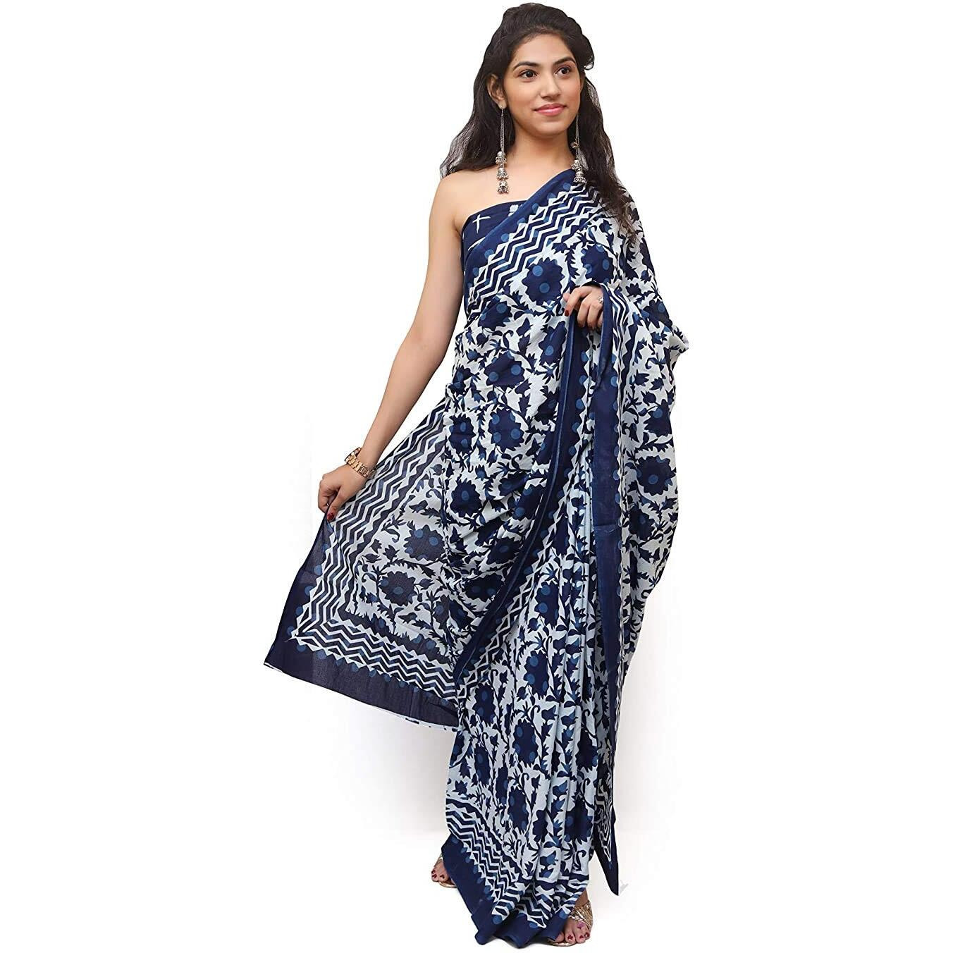 Kiaaron Womens Hand Block Kalamkari Batik Bagru Jaipuri Ikat Printed Handloom Pure Cotton Mulmul Traditional Ethnic Cotton Sarees With Printed Blouse Piece - Blue_White