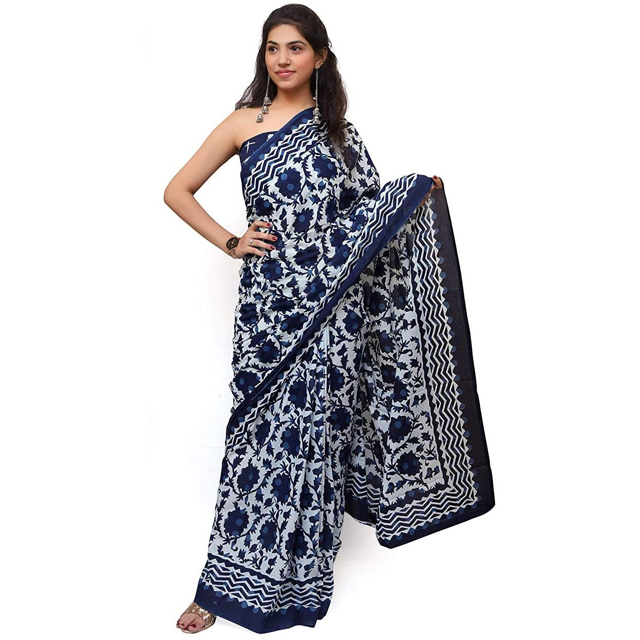 Kiaaron Womens Hand Block Kalamkari Batik Bagru Jaipuri Ikat Printed Handloom Pure Cotton Mulmul Traditional Ethnic Cotton Sarees With Printed Blouse Piece - Blue_White