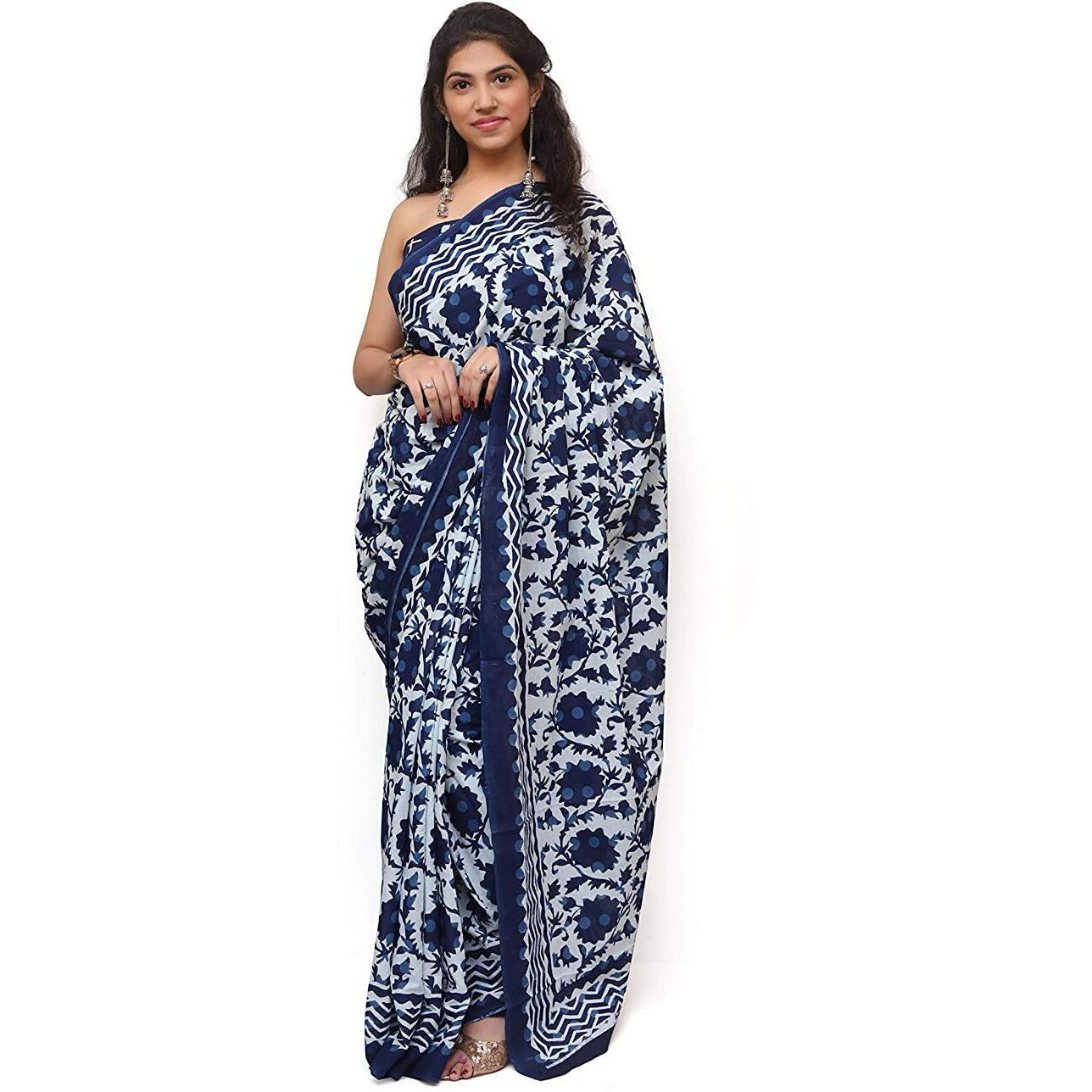 Kiaaron Womens Hand Block Kalamkari Batik Bagru Jaipuri Ikat Printed Handloom Pure Cotton Mulmul Traditional Ethnic Cotton Sarees With Printed Blouse Piece - Blue_White