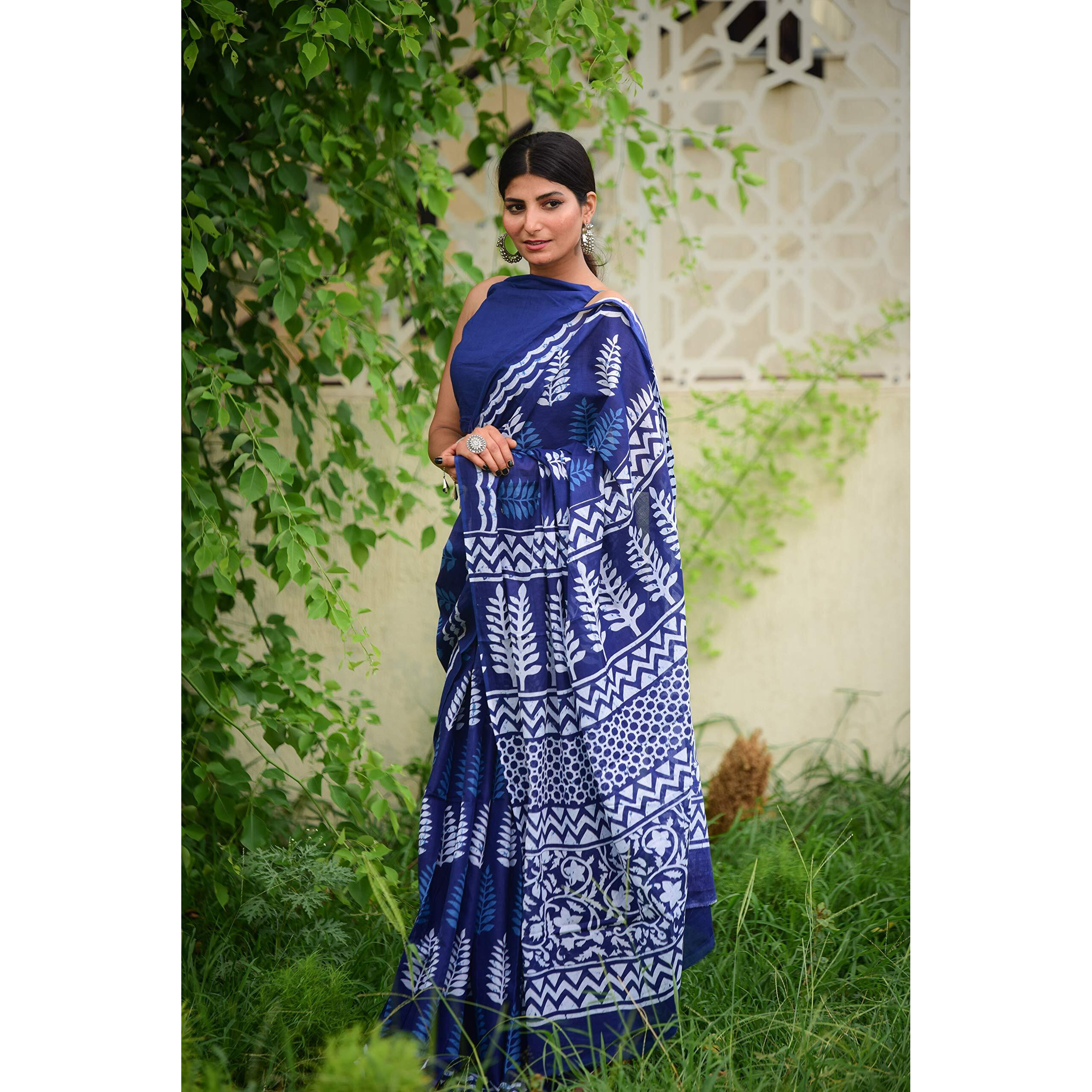 Kiaaron Womens Hand Block Kalamkari Batik Bagru Jaipuri Ikat Printed Handloom Pure Cotton Mulmul Traditional Ethnic Cotton Sarees With Printed Blouse Piece - Blue