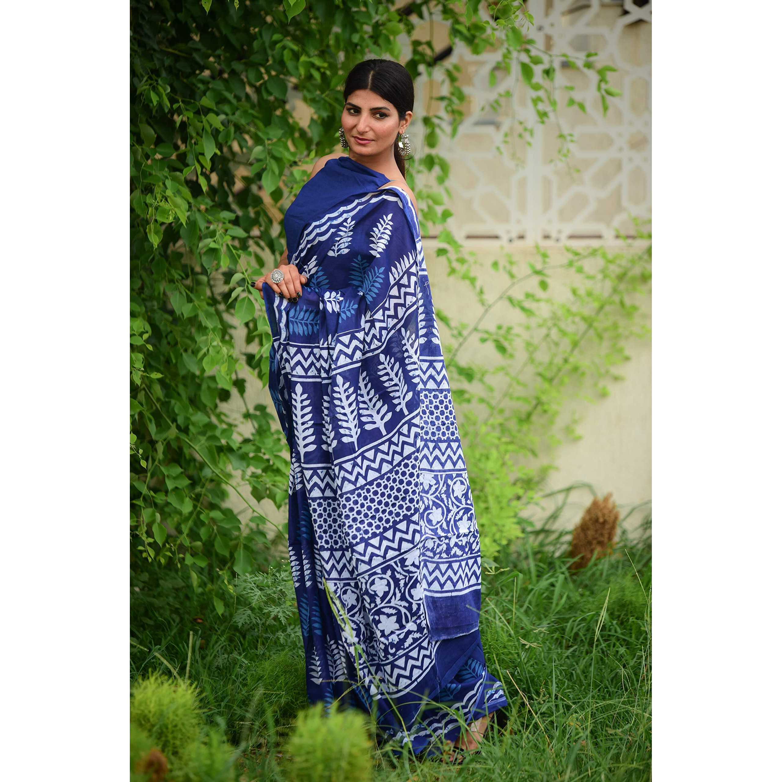 Kiaaron Womens Hand Block Kalamkari Batik Bagru Jaipuri Ikat Printed Handloom Pure Cotton Mulmul Traditional Ethnic Cotton Sarees With Printed Blouse Piece - Blue