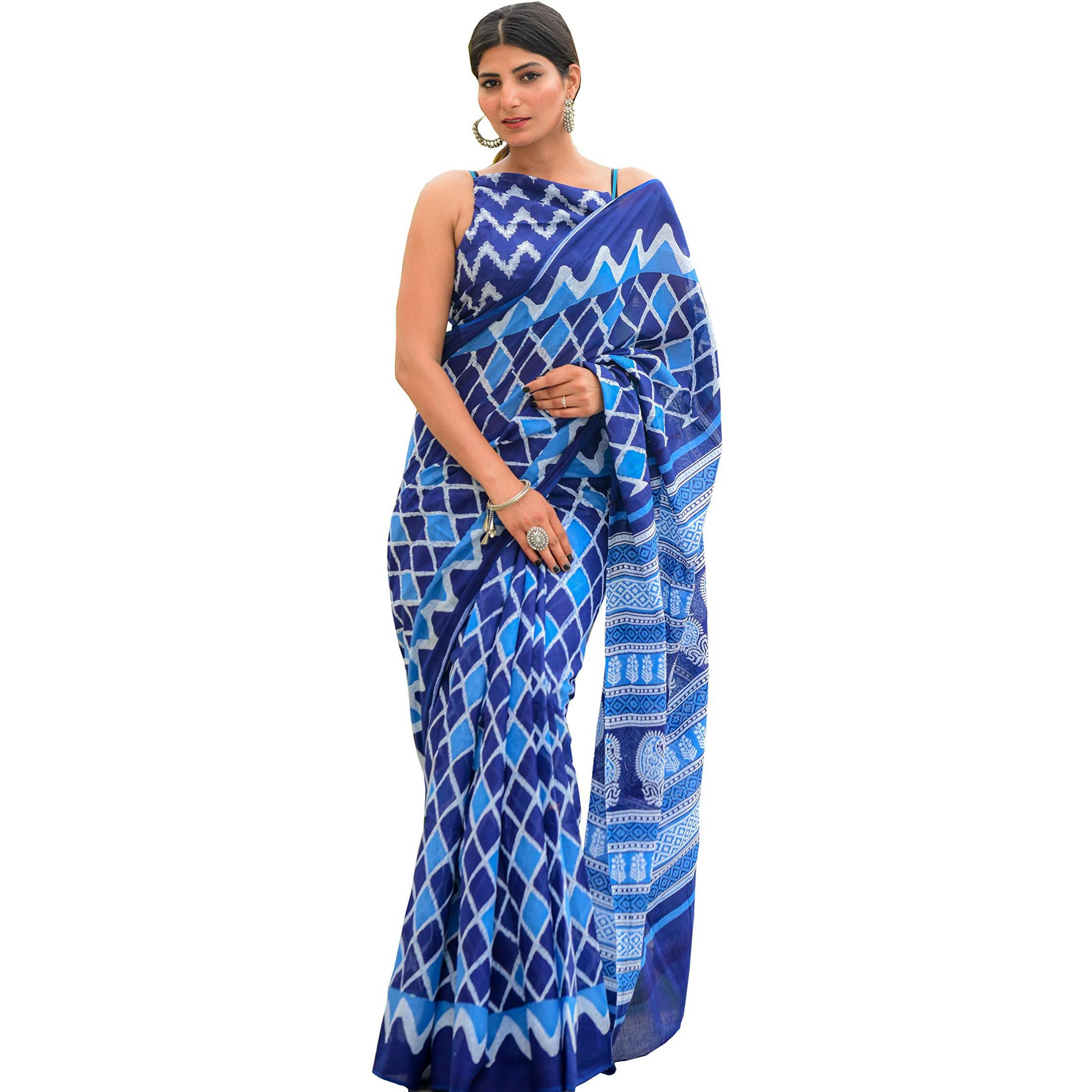 Kiaaron Womens Hand Block Kalamkari Batik Bagru Jaipuri Ikat Printed Handloom Pure Cotton Mulmul Traditional Ethnic Cotton Sarees With Printed Blouse Piece - Blue