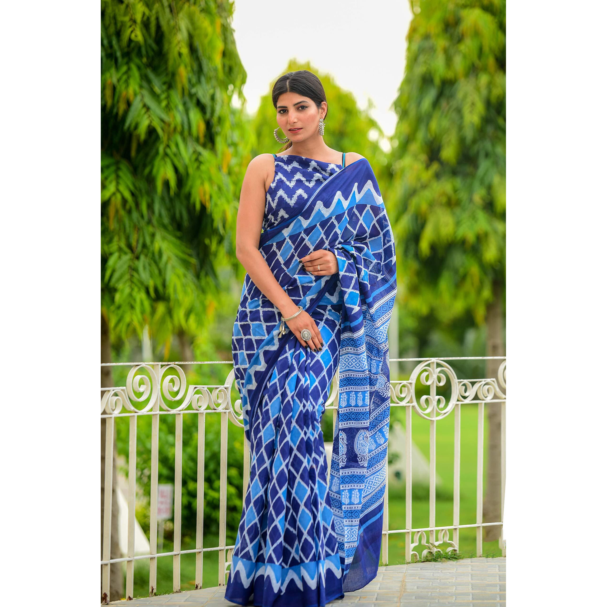 Kiaaron Womens Hand Block Kalamkari Batik Bagru Jaipuri Ikat Printed Handloom Pure Cotton Mulmul Traditional Ethnic Cotton Sarees With Printed Blouse Piece - Blue