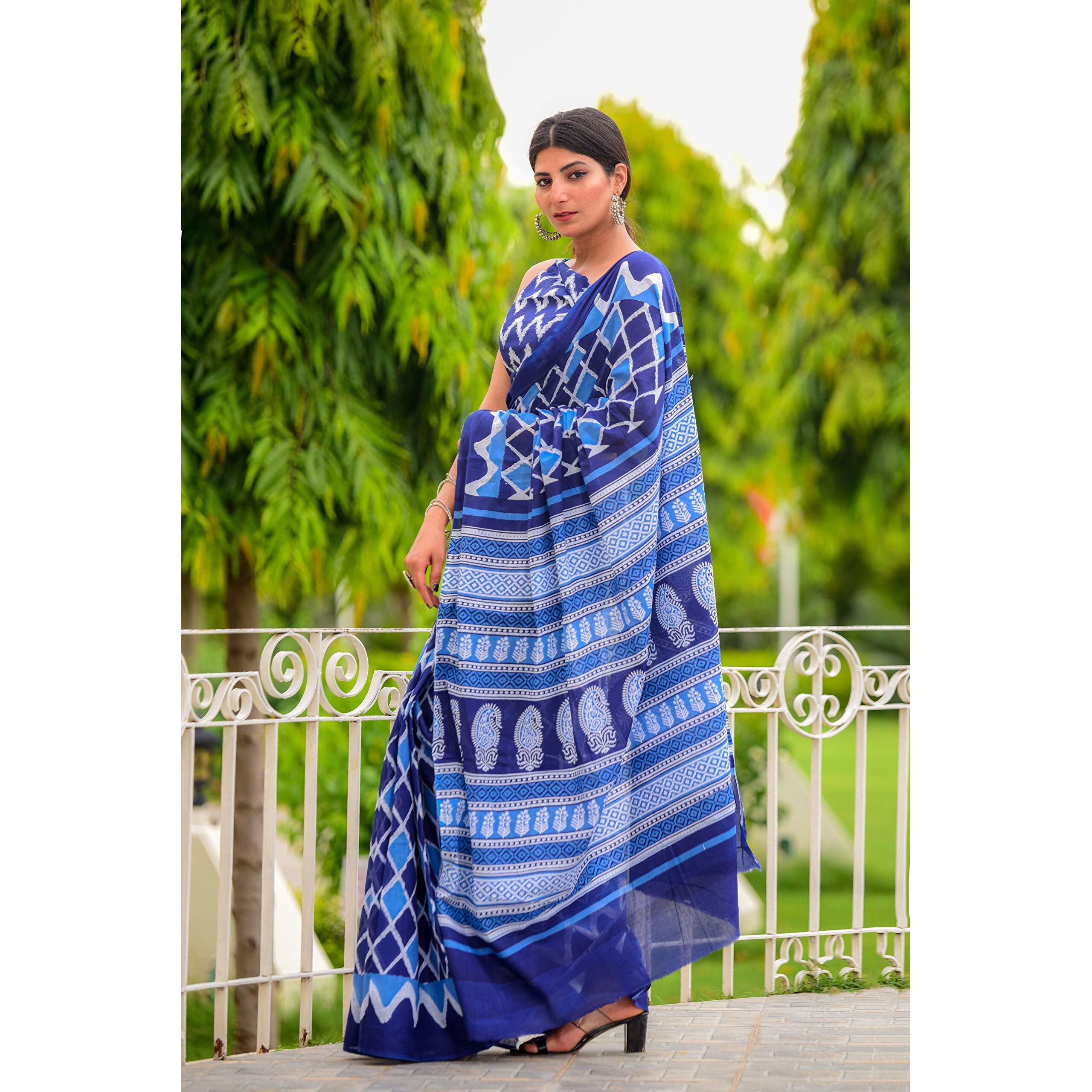Kiaaron Womens Hand Block Kalamkari Batik Bagru Jaipuri Ikat Printed Handloom Pure Cotton Mulmul Traditional Ethnic Cotton Sarees With Printed Blouse Piece - Blue