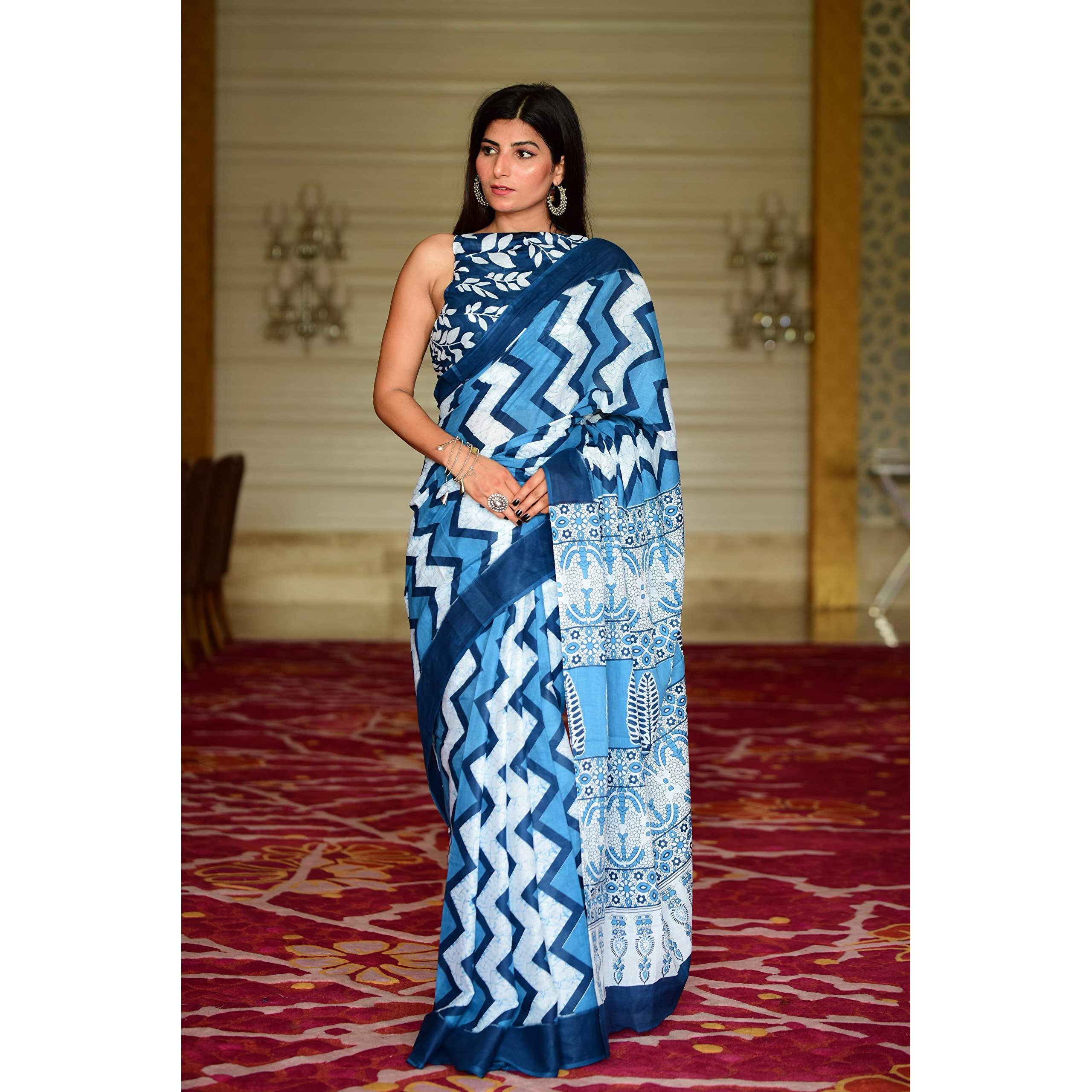 Kiaaron Womens Hand Block Kalamkari Batik Bagru Jaipuri Ikat Printed Handloom Pure Cotton Mulmul Traditional Ethnic Cotton Sarees With Printed Blouse Piece - Blue_White