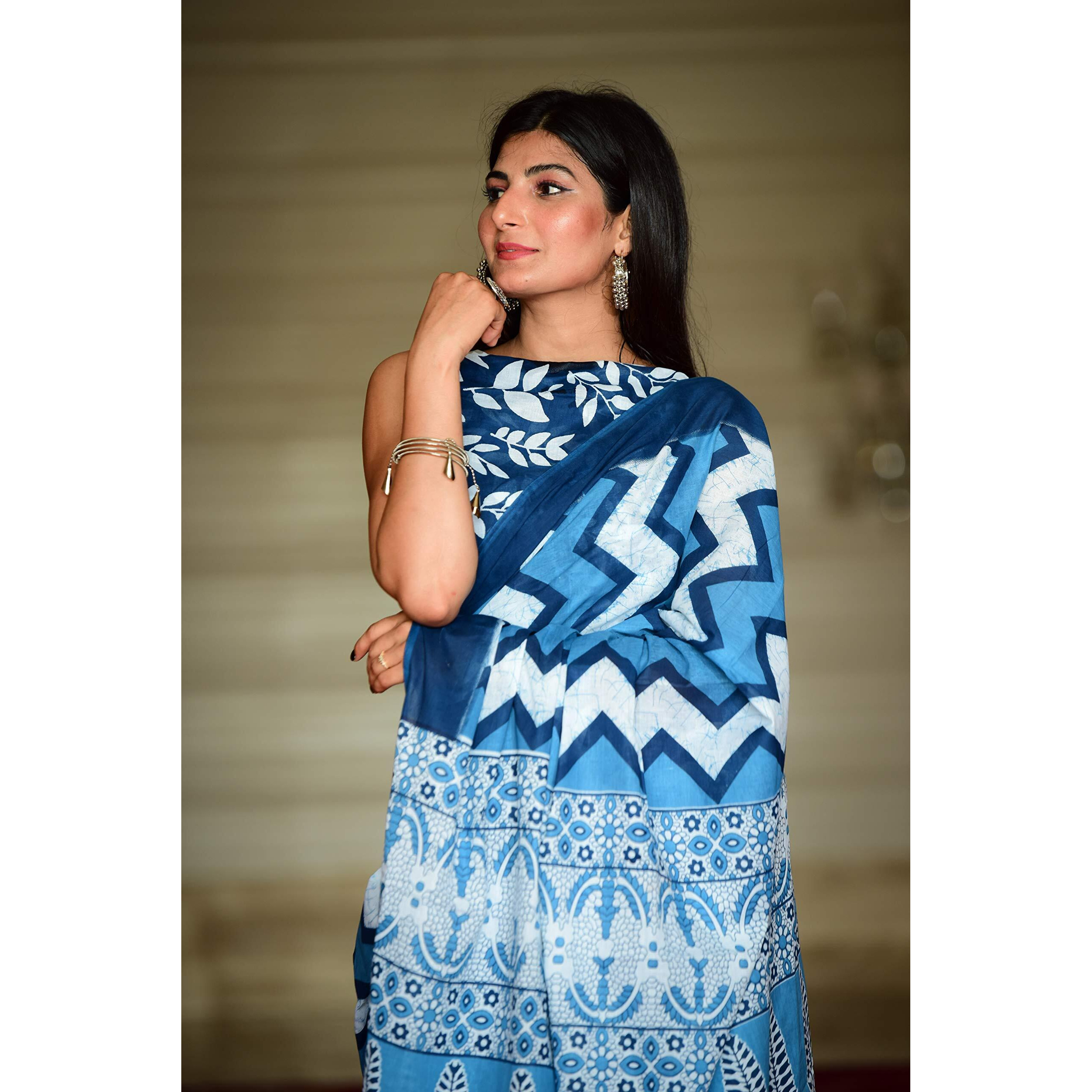 Kiaaron Womens Hand Block Kalamkari Batik Bagru Jaipuri Ikat Printed Handloom Pure Cotton Mulmul Traditional Ethnic Cotton Sarees With Printed Blouse Piece - Blue_White