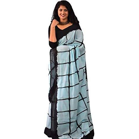 Kiaaron Womens Hand Block Kalamkari Batik Bagru Jaipuri Ikat Printed Handloom Pure Cotton Mulmul Traditional Ethnic Cotton Sarees With Printed Blouse Piece - Sky