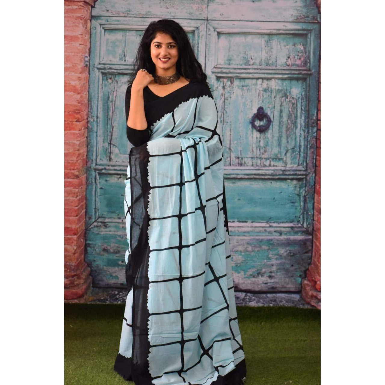 Kiaaron Womens Hand Block Kalamkari Batik Bagru Jaipuri Ikat Printed Handloom Pure Cotton Mulmul Traditional Ethnic Cotton Sarees With Printed Blouse Piece - Sky