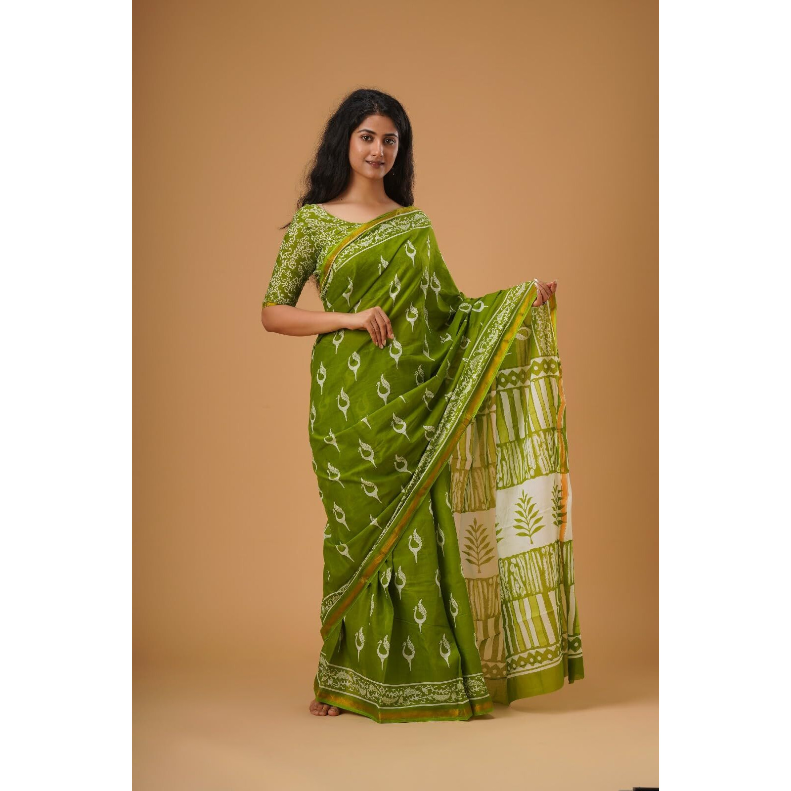Kiaaron Handicrafts Womens Ikat Hand Block Print Jaipuri Cotton Mulmul Saree Zari Border with Blouse Piece_Green_12