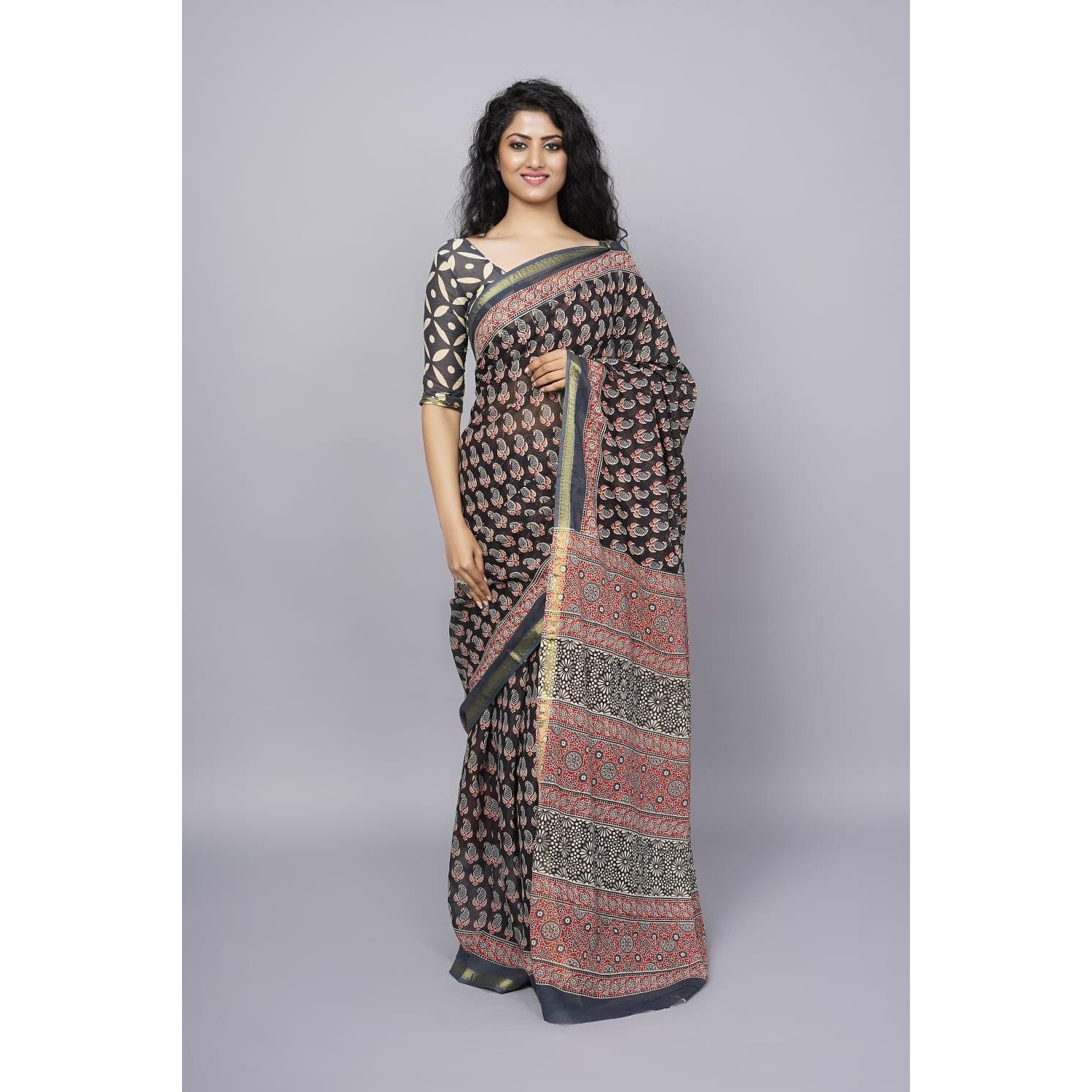 Kiaaron Handicrafts Womens Ikat Hand Block Print Jaipuri Cotton Mulmul Saree Zari Border with Blouse Piece_Black_26