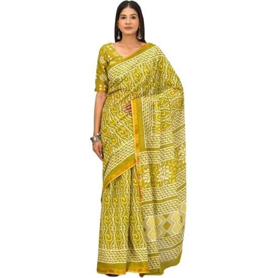Kiaaron Handicrafts Womens Ikat Hand Block Print Jaipuri Cotton Mulmul Saree Zari Border with Blouse Piece_Green_42