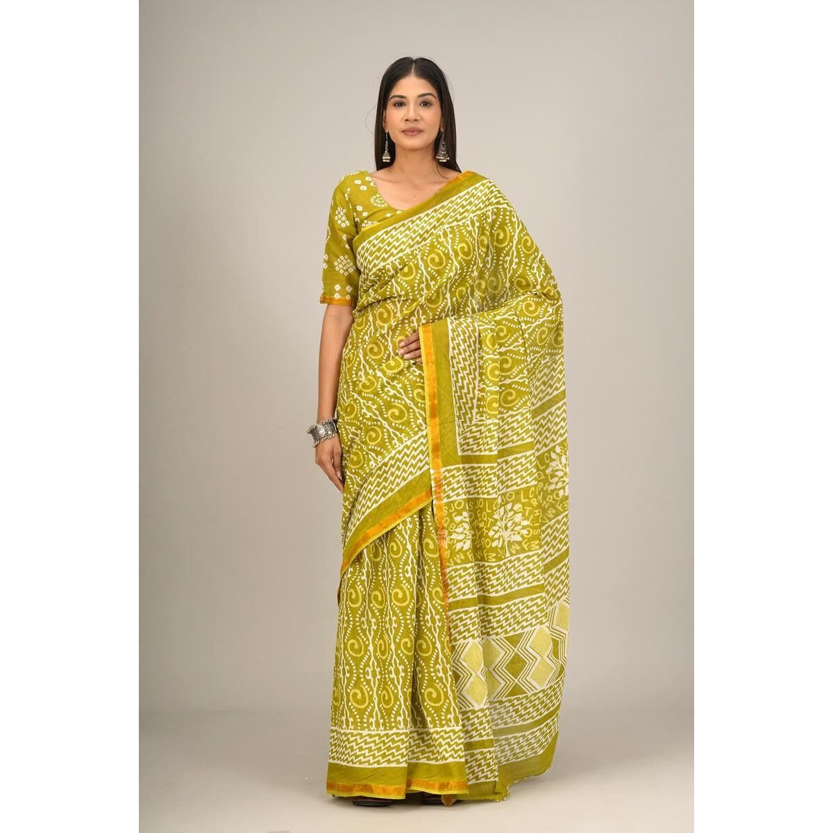 Kiaaron Handicrafts Womens Ikat Hand Block Print Jaipuri Cotton Mulmul Saree Zari Border with Blouse Piece_Green_42