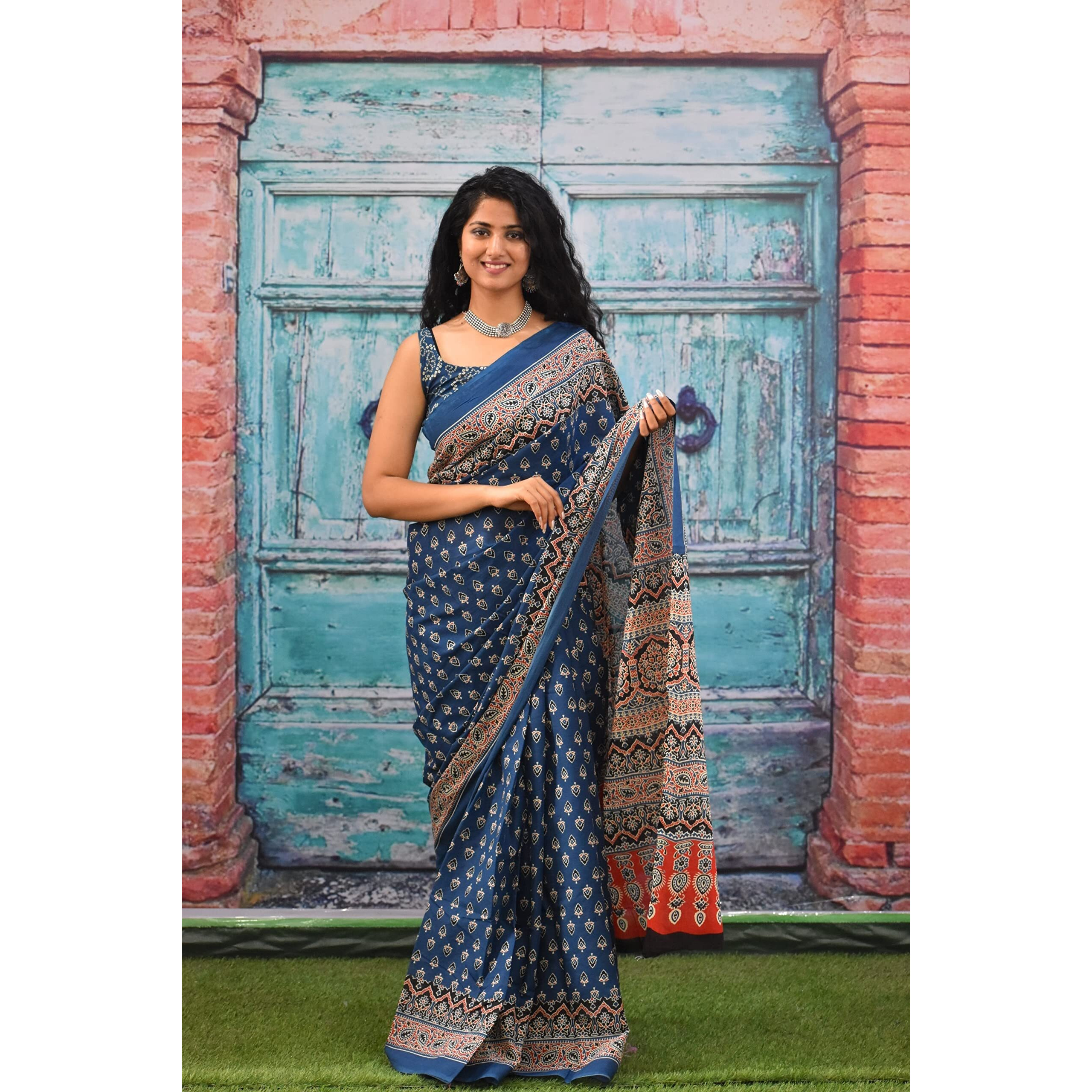Kiaaron Womens Ikat Hand Block Print Jaipuri Cotton Mulmul Saree with Blouse Piece - Blue_423