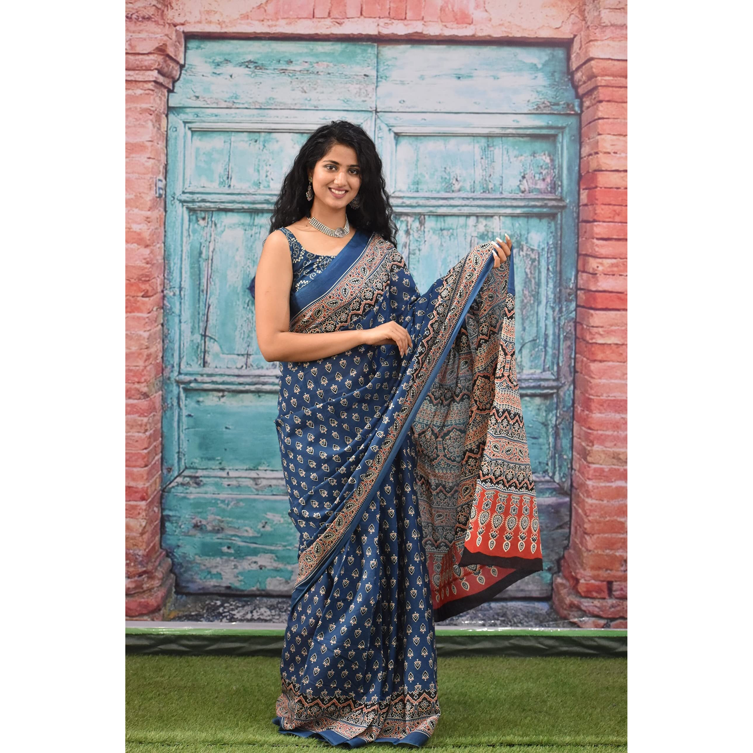 Kiaaron Womens Ikat Hand Block Print Jaipuri Cotton Mulmul Saree with Blouse Piece - Blue_423