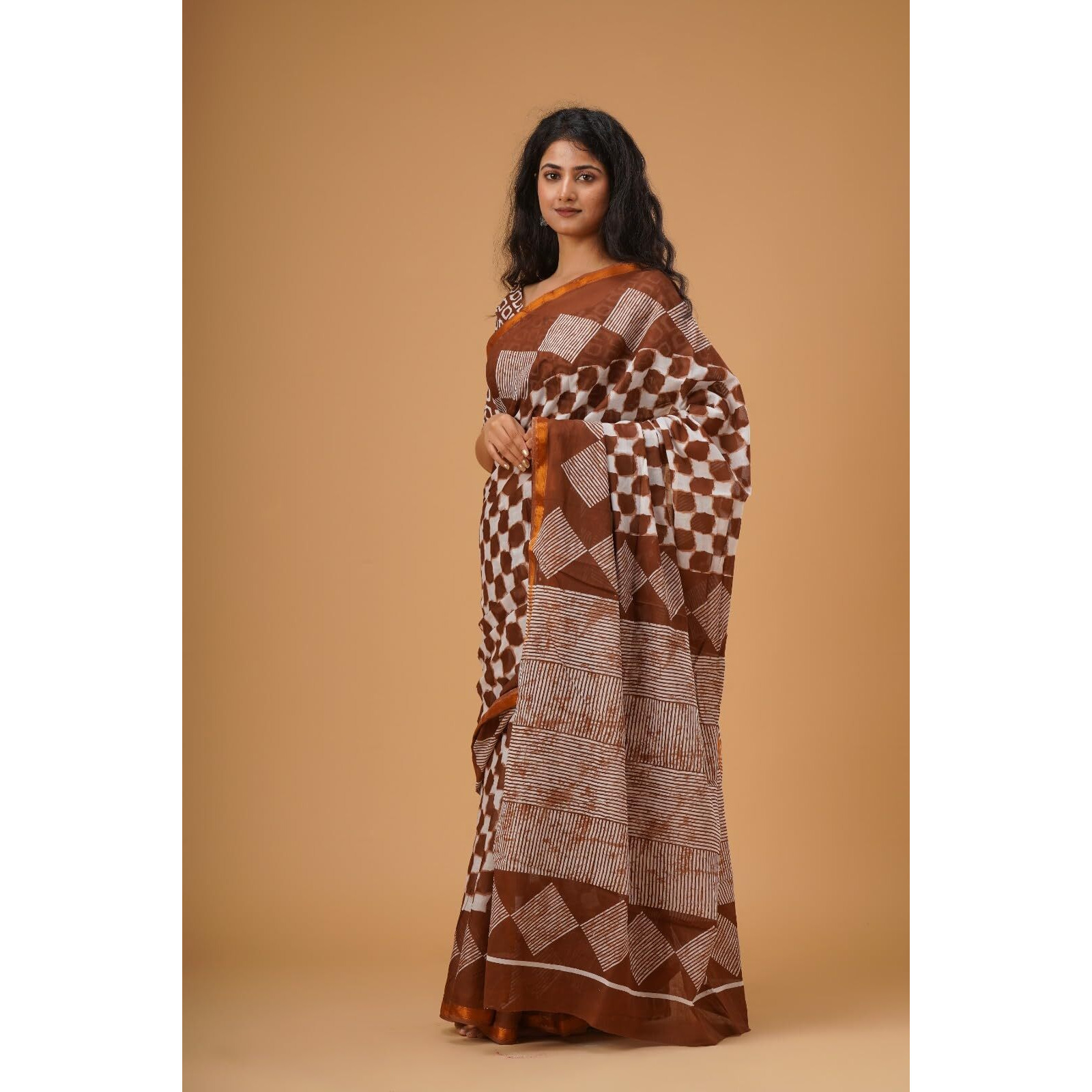 Kiaaron Handicrafts Womens Ikat Hand Block Print Jaipuri Cotton Mulmul Saree Zari Border with Blouse Piece_Brown_10