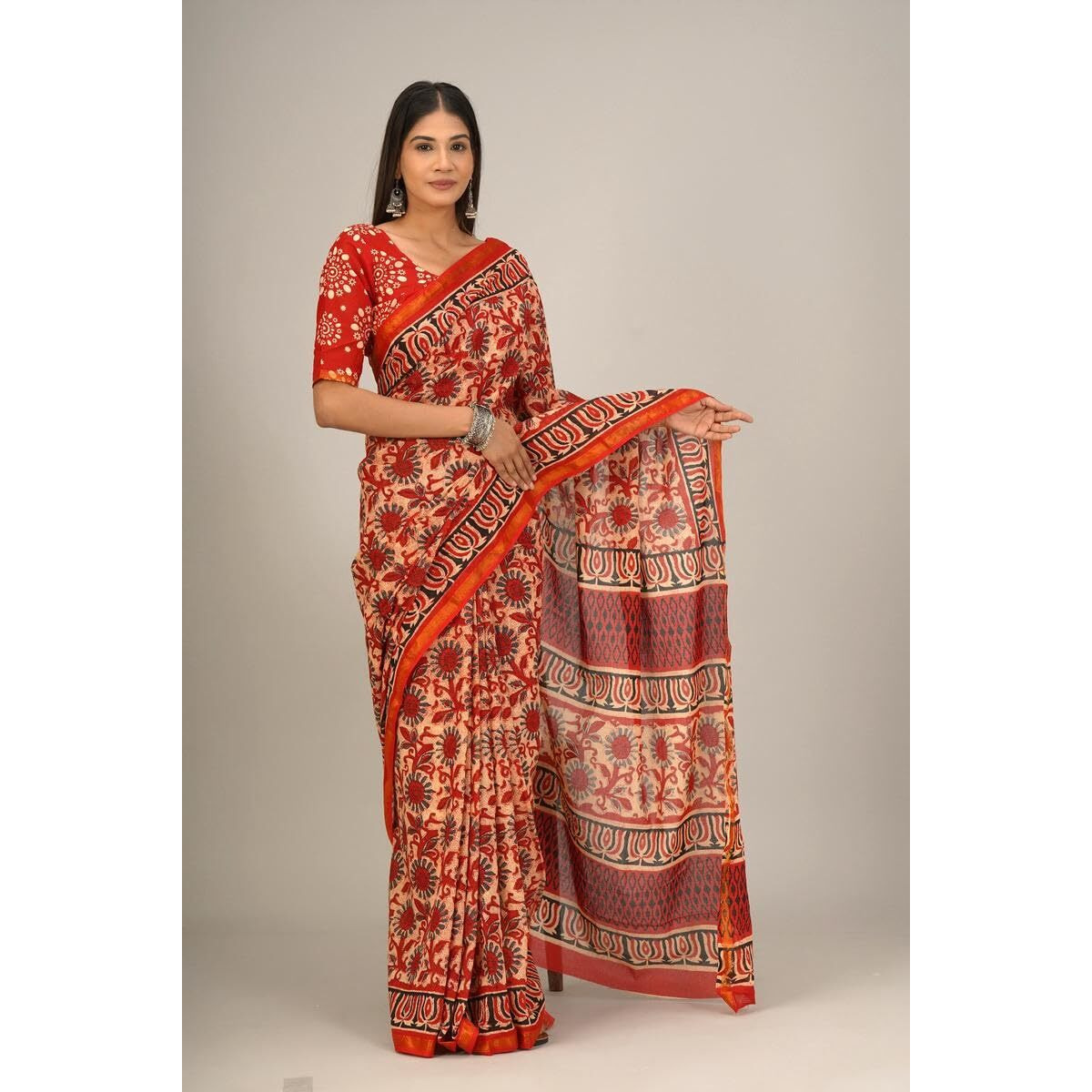 Kiaaron Handicrafts Womens Ikat Hand Block Print Jaipuri Cotton Mulmul Saree Zari Border with Blouse Piece_Red_38