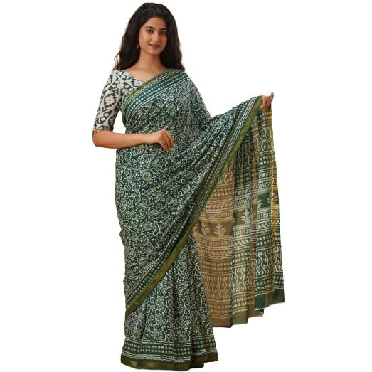 Kiaaron Handicrafts Womens Ikat Hand Block Print Jaipuri Cotton Mulmul Saree Zari Border with Blouse Piece_Green_14