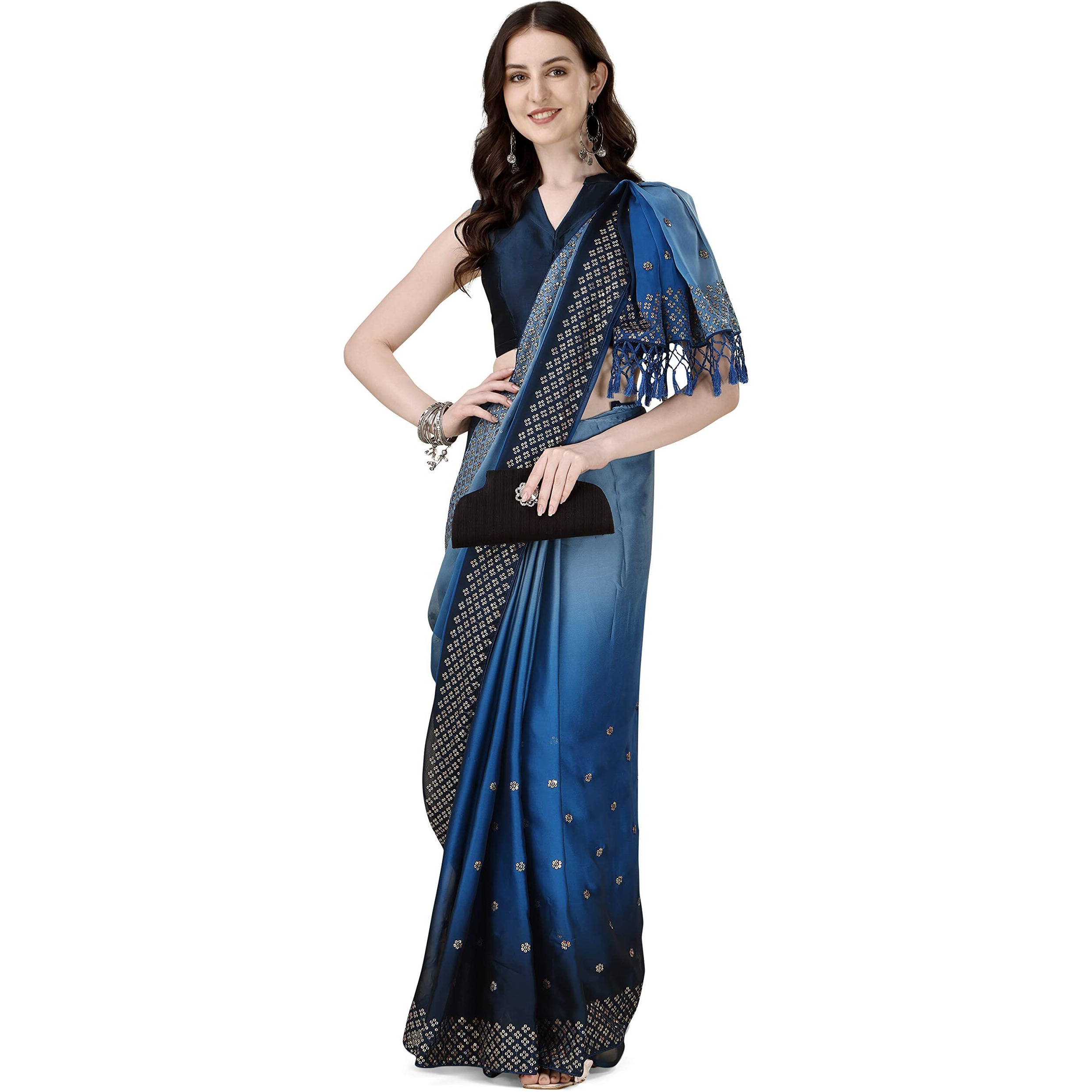 Pratham Blue Womens Sequins Silk Fancy Saree for women With Blouse Piece (PB-383_Teal Blue)