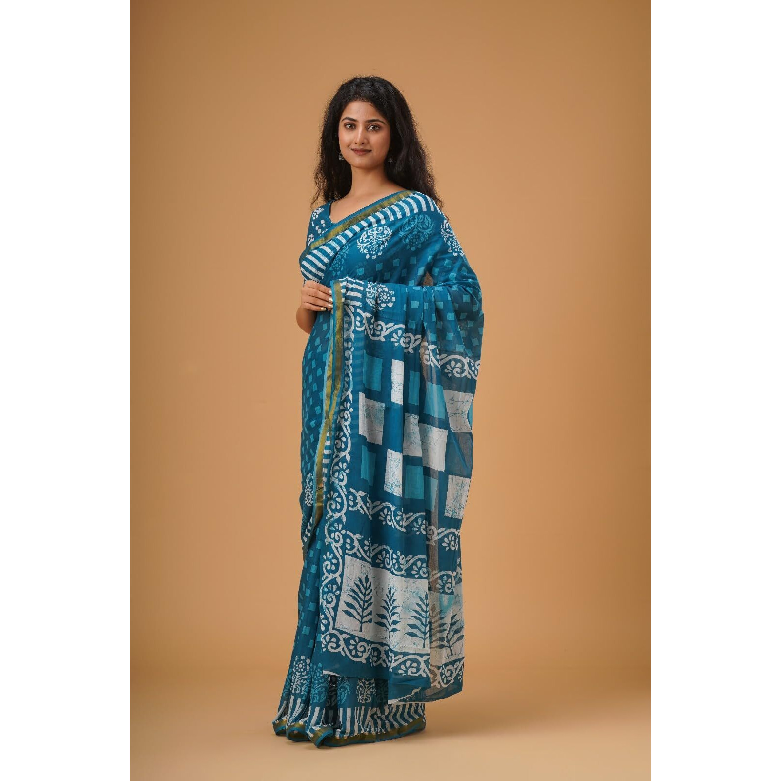 Kiaaron Handicrafts Womens Ikat Hand Block Print Jaipuri Cotton Mulmul Saree Zari Border with Blouse Piece_Blue_13