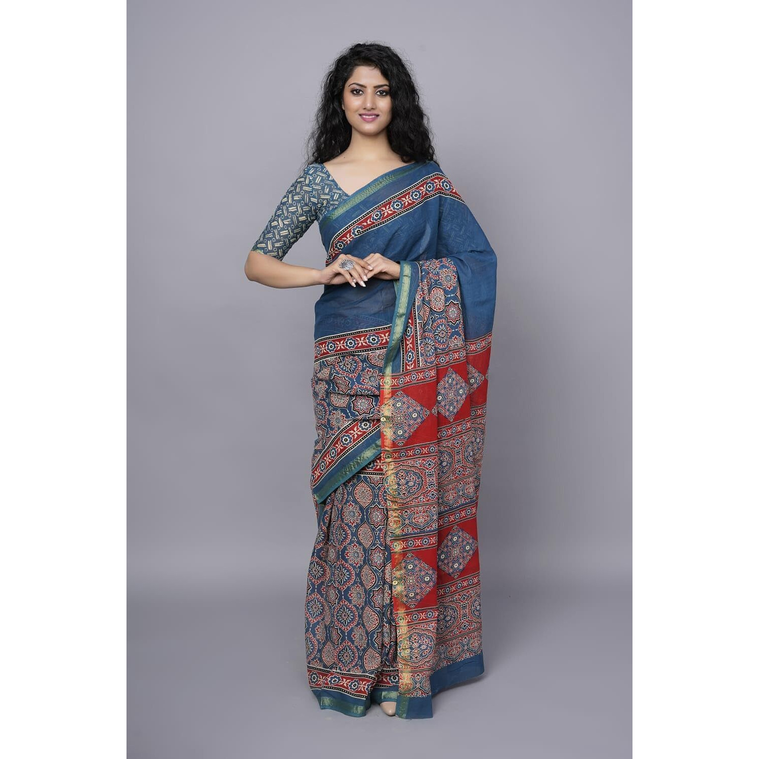 Kiaaron Handicrafts Womens Ikat Hand Block Print Jaipuri Cotton Mulmul Saree Zari Border with Blouse Piece_Blue_23