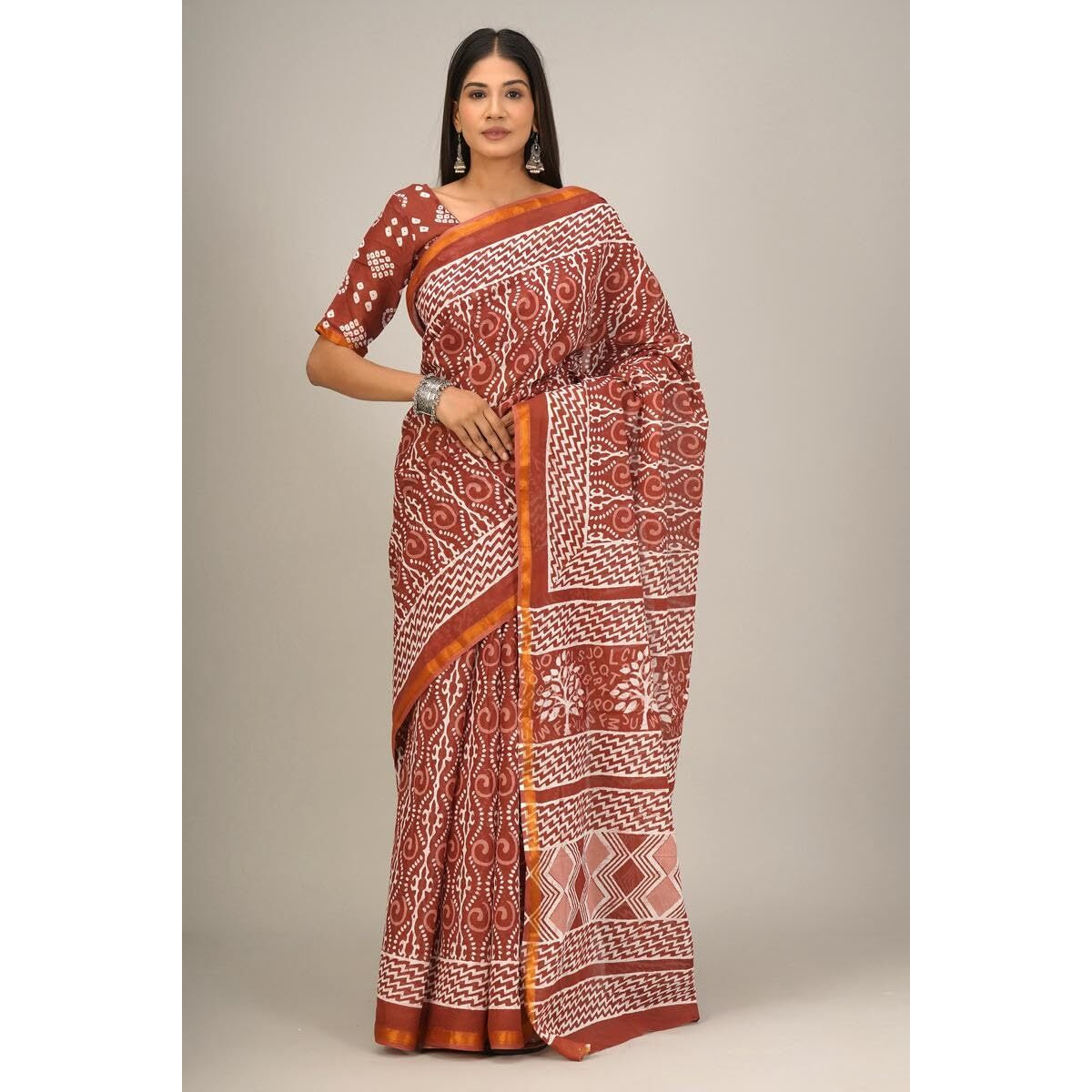 Kiaaron Handicrafts Womens Ikat Hand Block Print Jaipuri Cotton Mulmul Saree Zari Border with Blouse Piece_Red_40