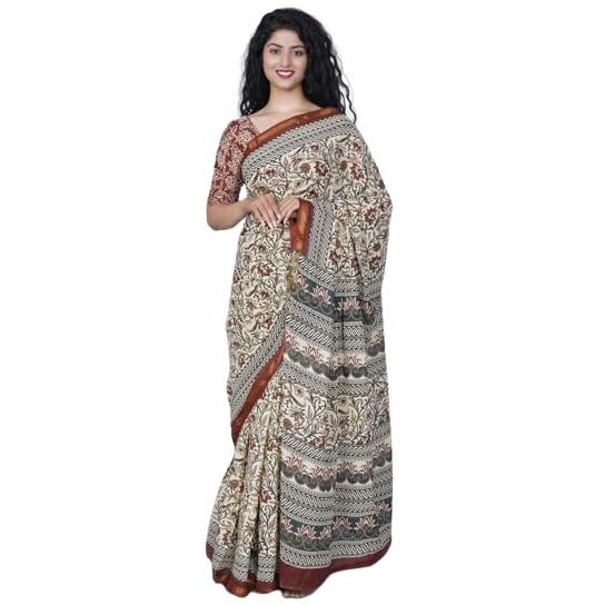 Kiaaron Handicrafts Womens Ikat Hand Block Print Jaipuri Cotton Mulmul Saree Zari Border with Blouse Piece_Cream_28