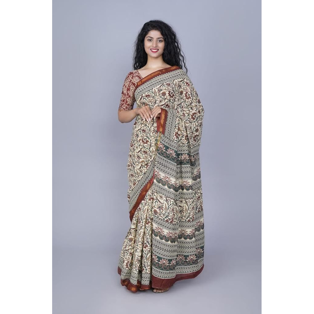 Kiaaron Handicrafts Womens Ikat Hand Block Print Jaipuri Cotton Mulmul Saree Zari Border with Blouse Piece_Cream_28