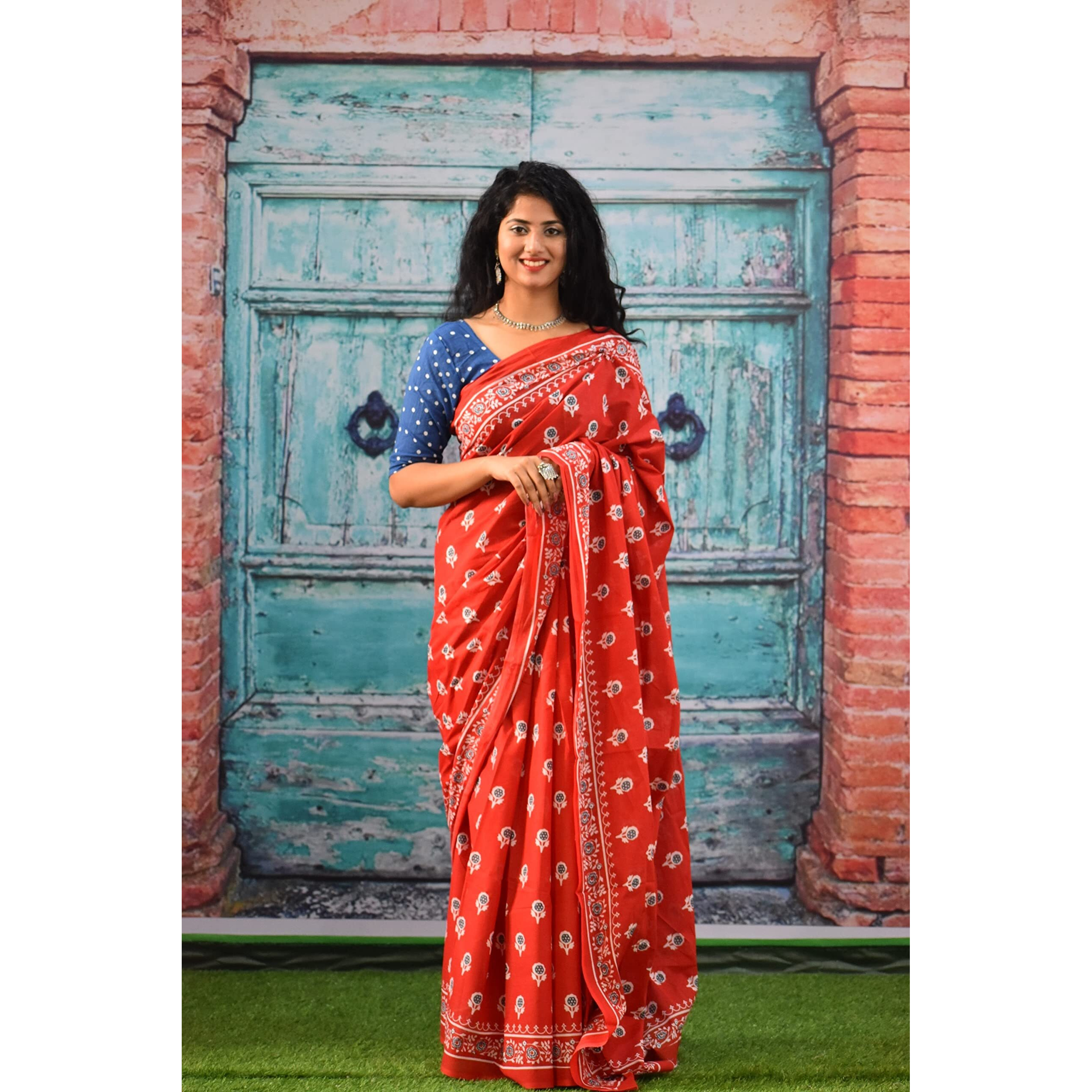 Kiaaron Womens Ikat Hand Block Print Jaipuri Cotton Mulmul Saree with Blouse Piece - Maroon_377